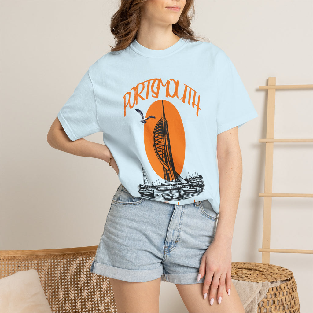 Portsmouth England Graphic T-Shirt - Vintage Seaside Landmark Orange Tee