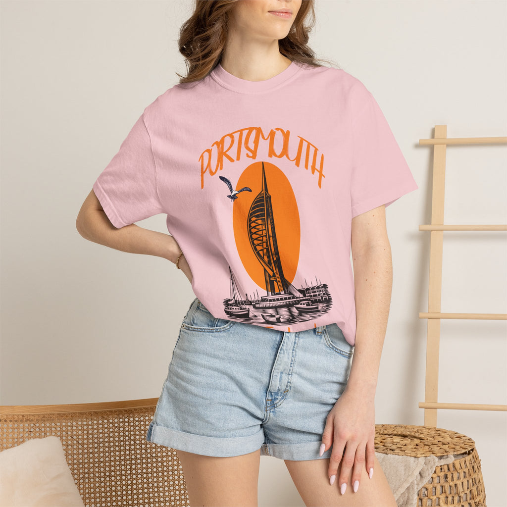 Portsmouth England Graphic T-Shirt - Vintage Seaside Landmark Orange Tee