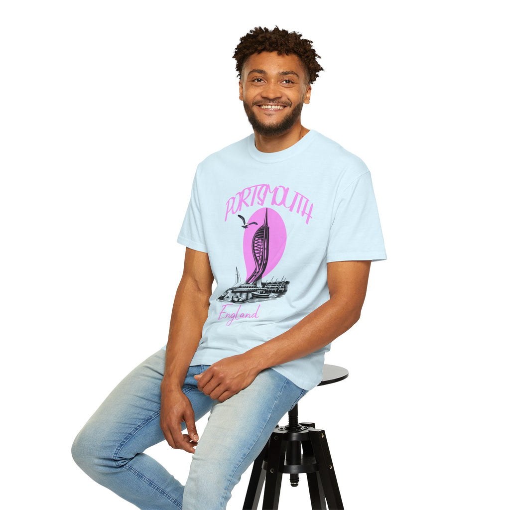 Portsmouth England Graphic T-Shirt - Vintage Seaside Landmark Pink Tee