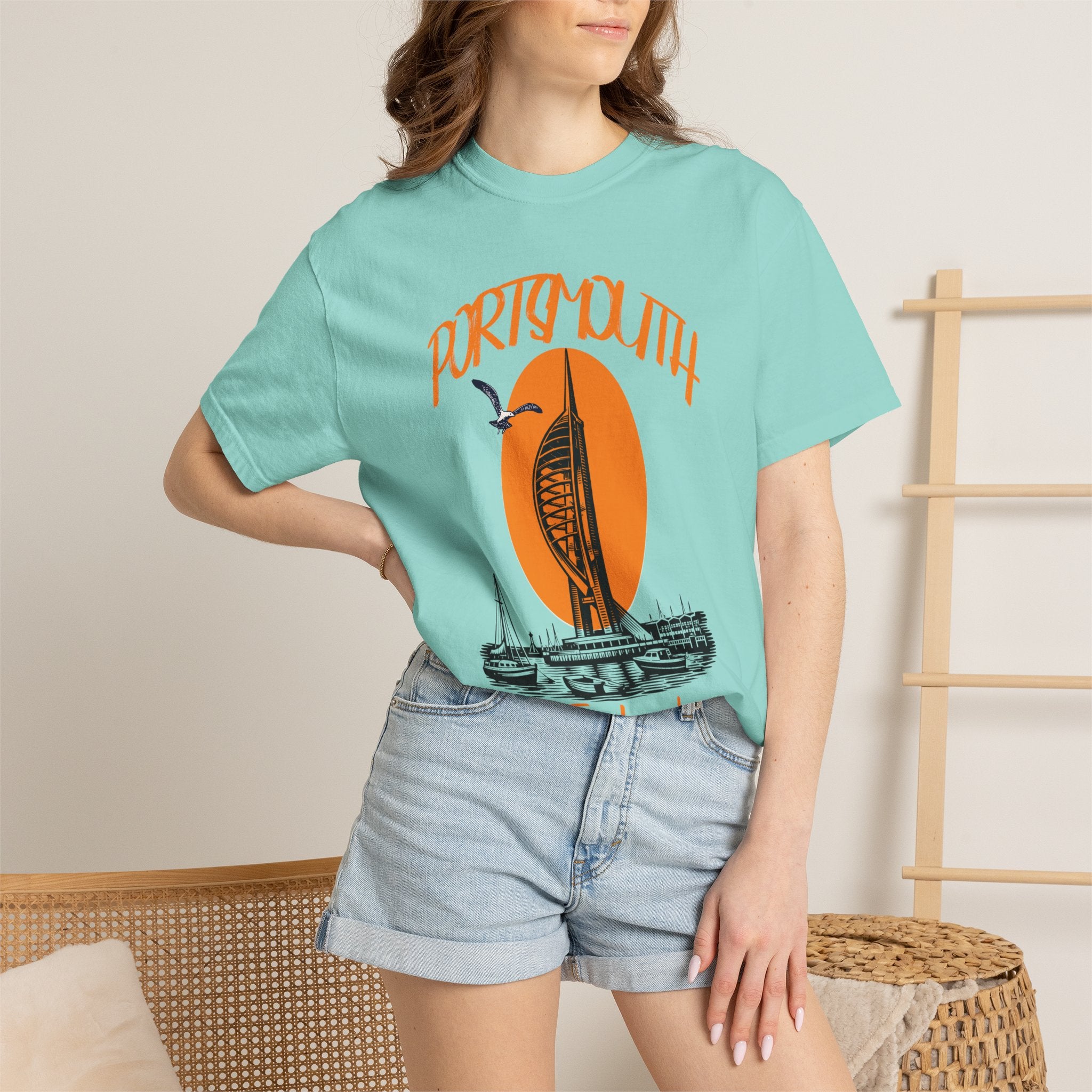 Portsmouth England Graphic T-Shirt - Vintage Seaside Landmark Orange Tee
