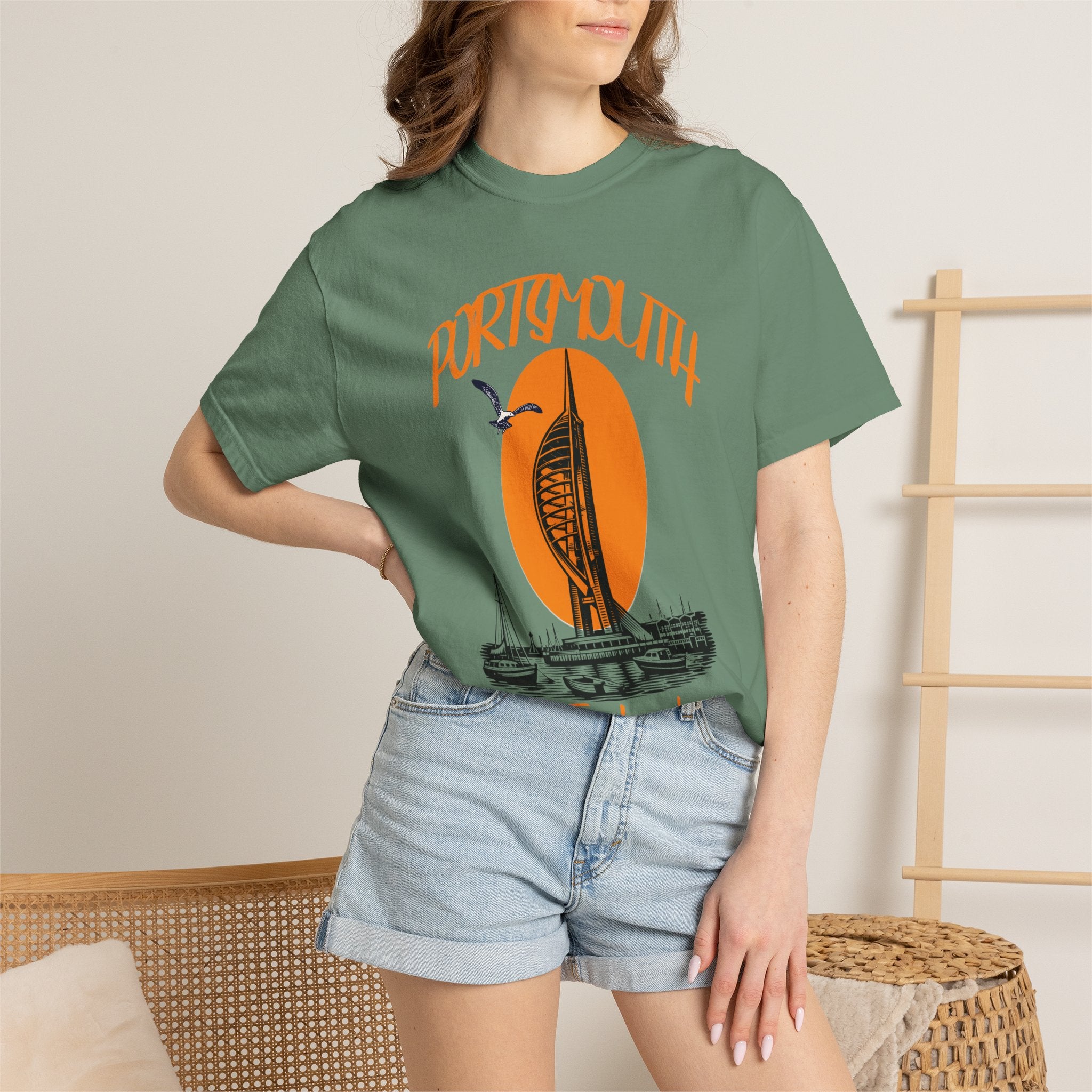 Portsmouth England Graphic T-Shirt - Vintage Seaside Landmark Orange Tee