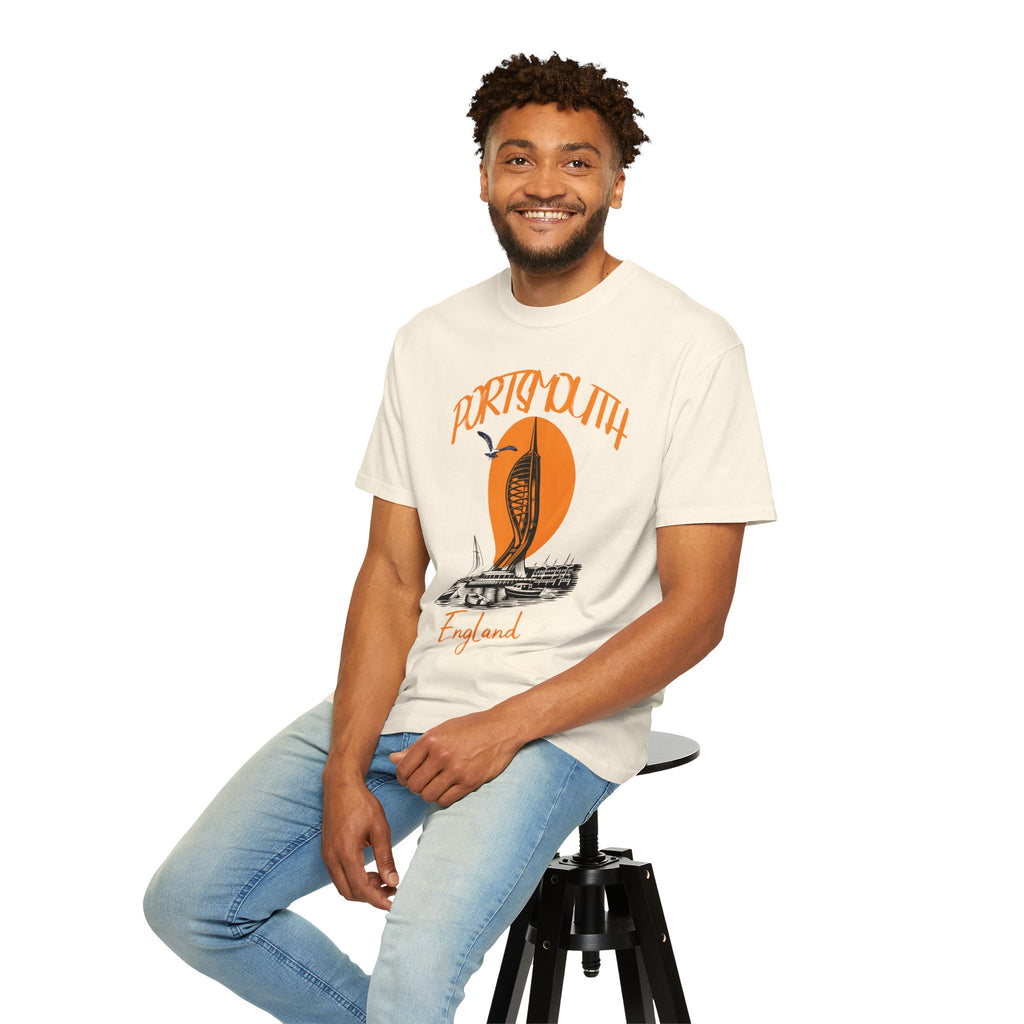 Portsmouth England Graphic T-Shirt - Vintage Seaside Landmark Orange Tee