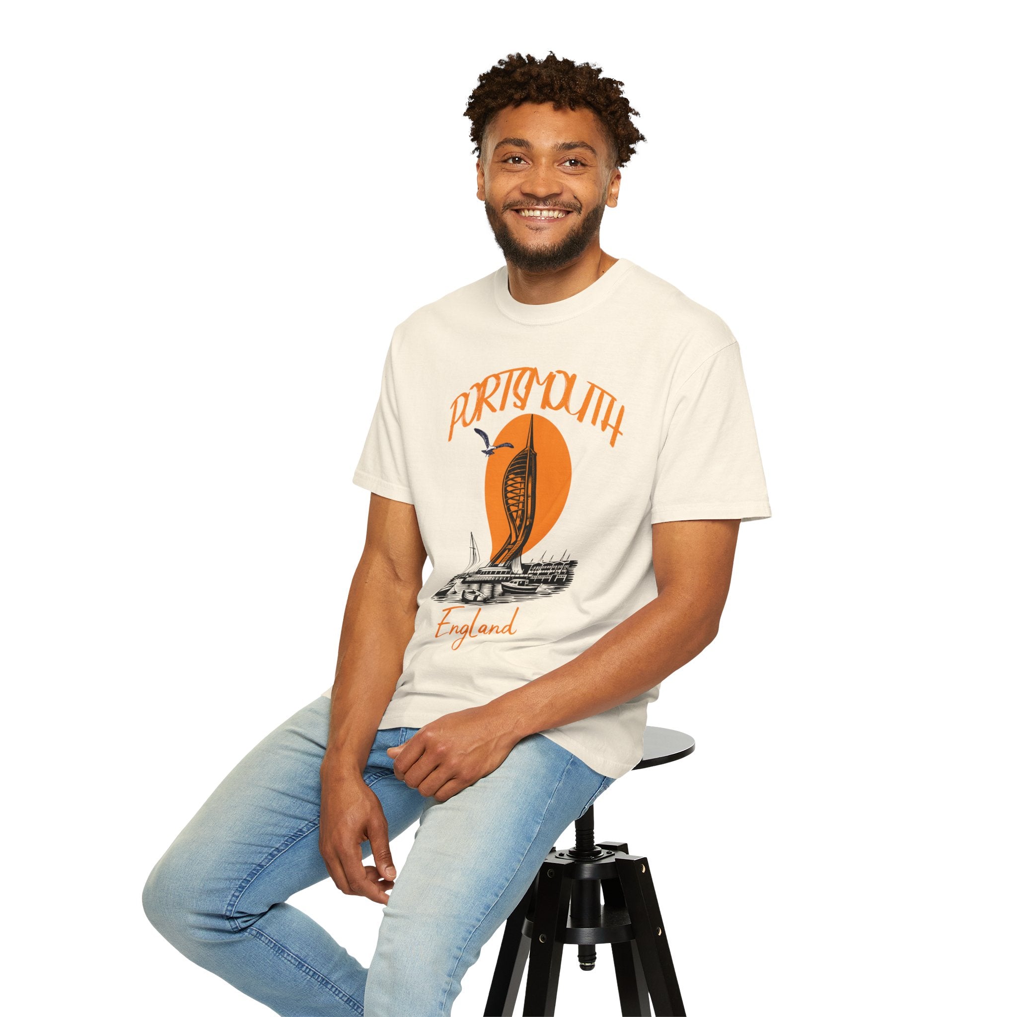 Portsmouth England Graphic T-Shirt - Vintage Seaside Landmark Orange Tee