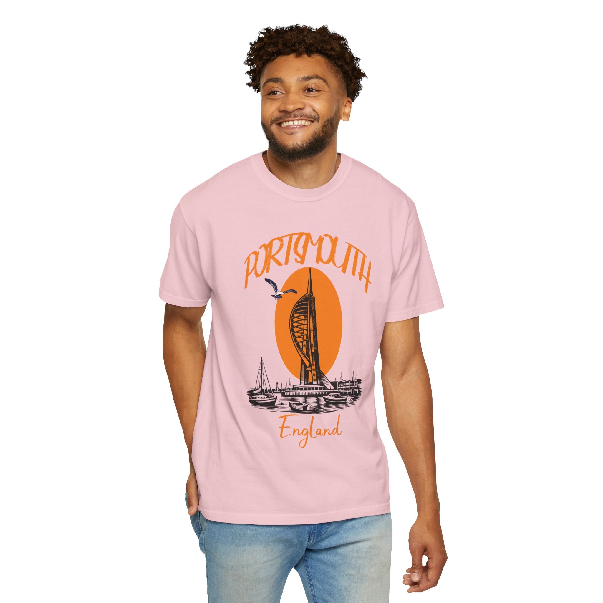 Portsmouth England Graphic T-Shirt - Vintage Seaside Landmark Orange Tee