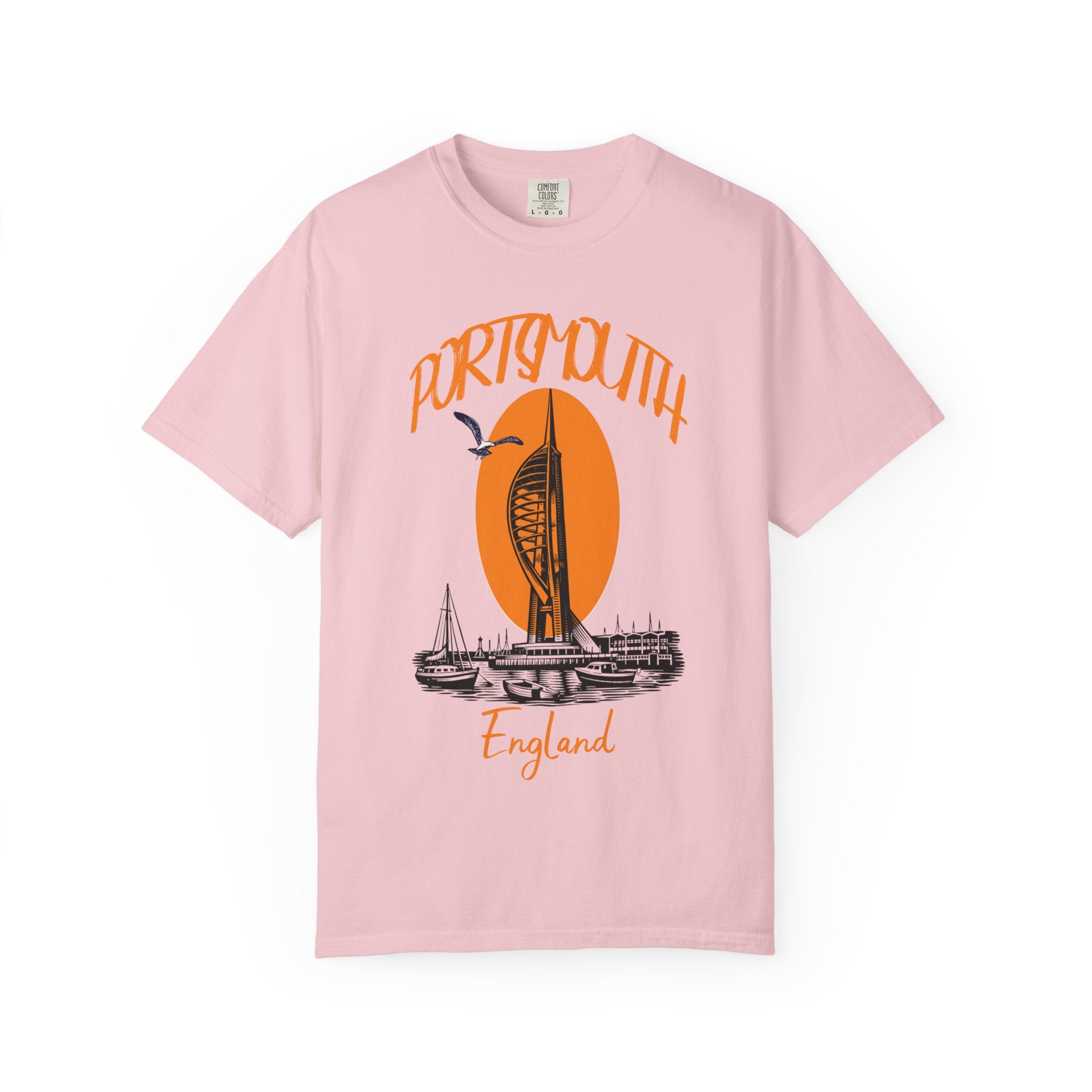 Portsmouth England Graphic T-Shirt - Vintage Seaside Landmark Orange Tee