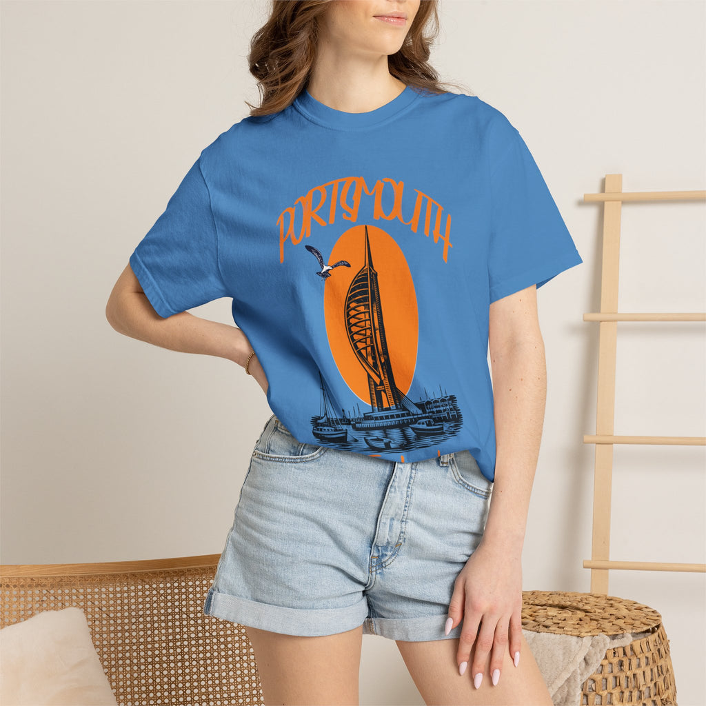 Portsmouth England Graphic T-Shirt - Vintage Seaside Landmark Orange Tee