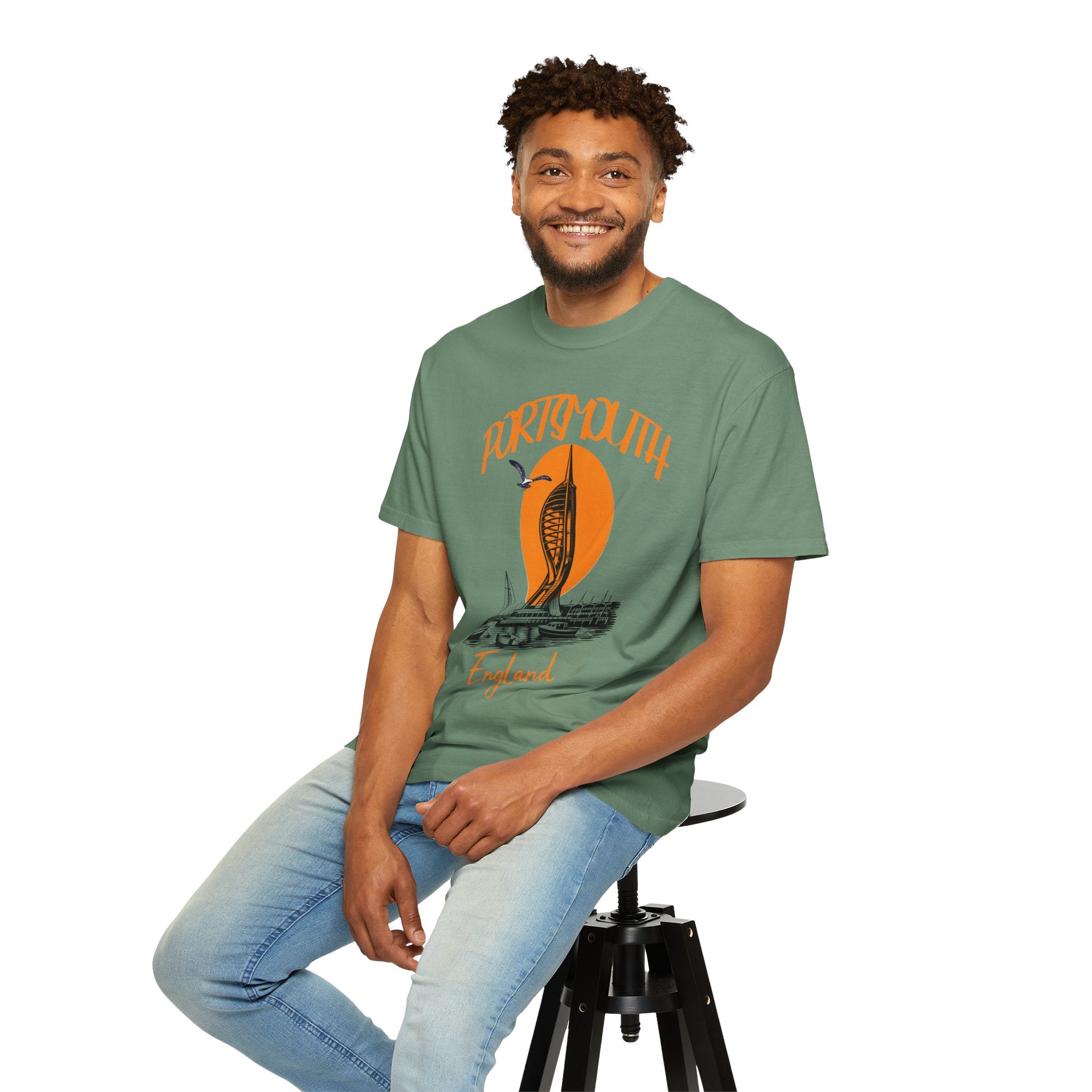 Portsmouth England Graphic T-Shirt - Vintage Seaside Landmark Orange Tee