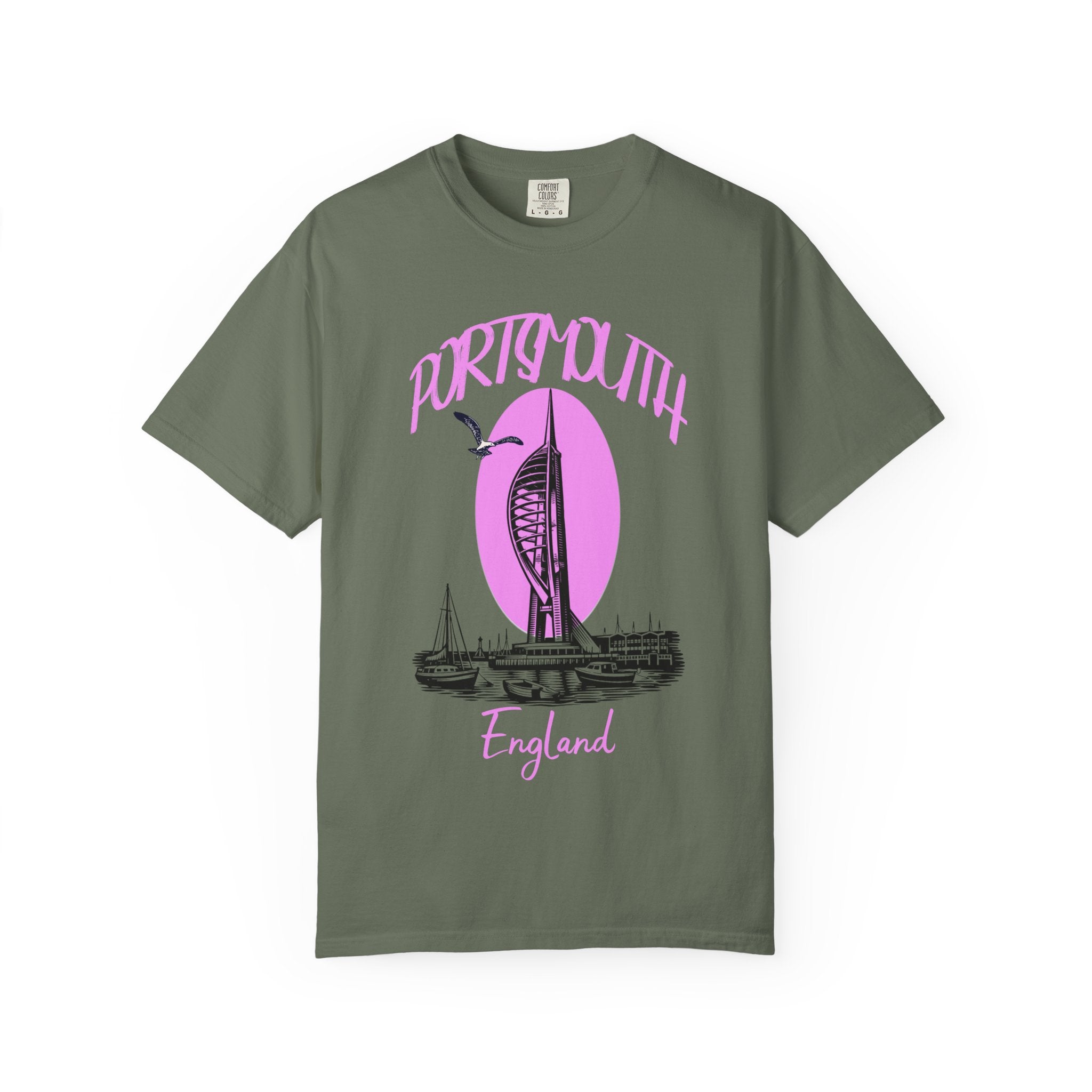 Portsmouth England Graphic T-Shirt - Vintage Seaside Landmark Pink Tee