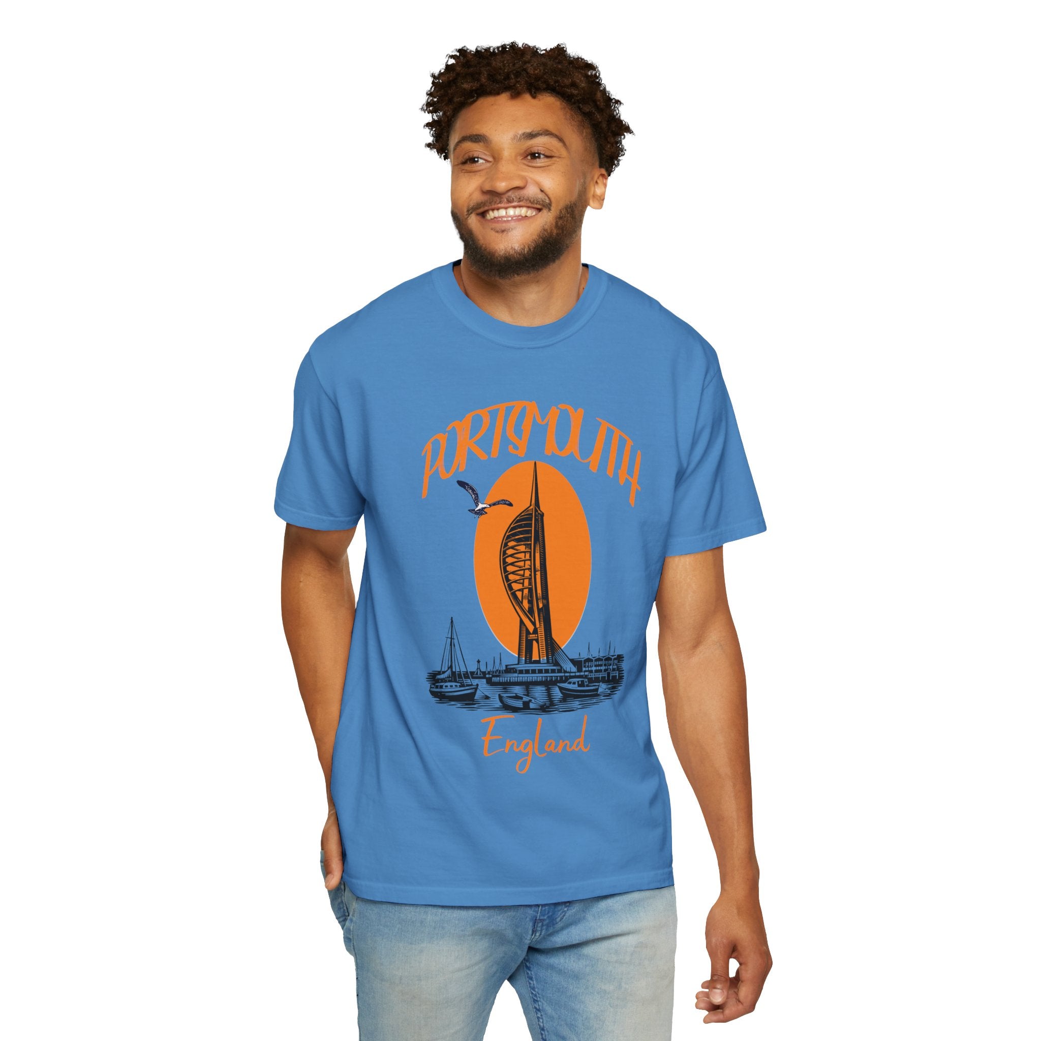 Portsmouth England Graphic T-Shirt - Vintage Seaside Landmark Orange Tee