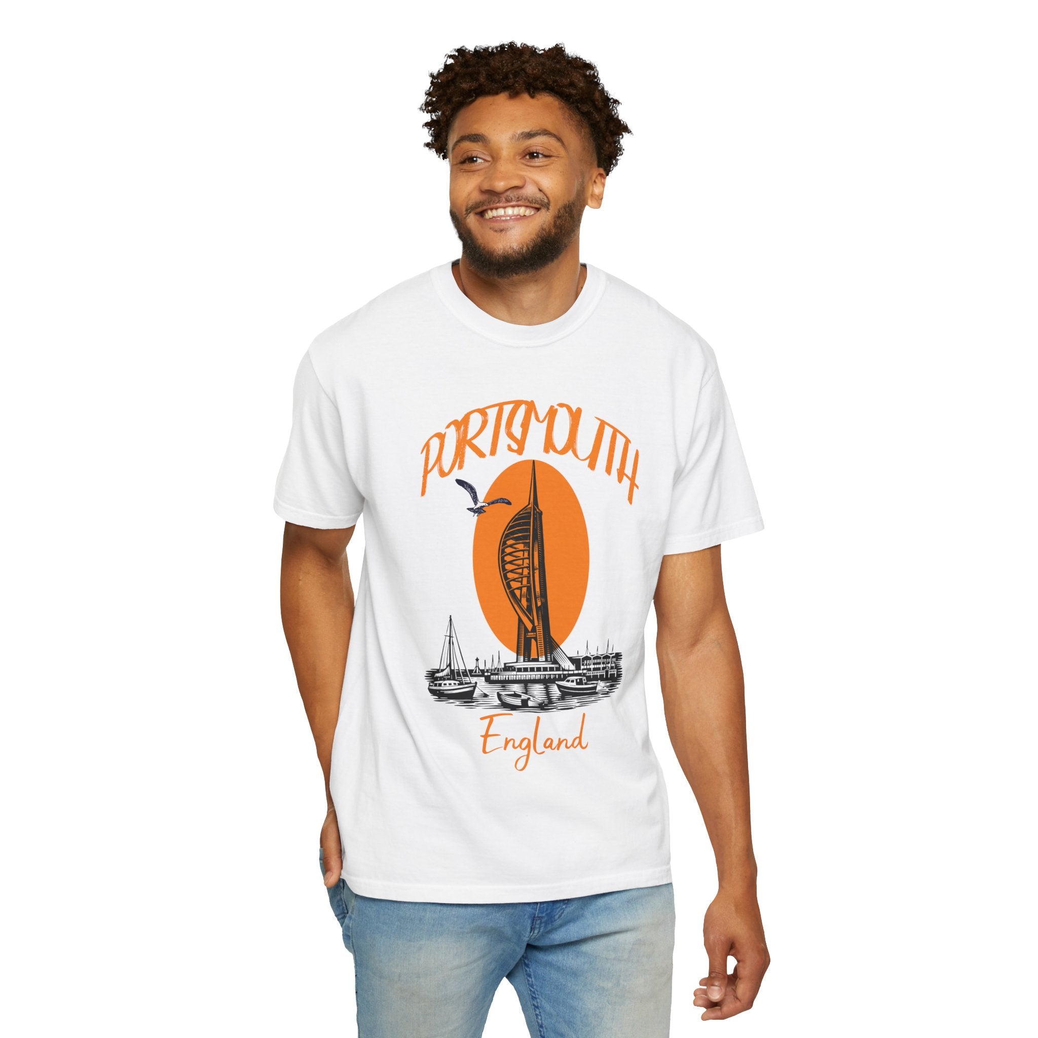 Portsmouth England Graphic T-Shirt - Vintage Seaside Landmark Orange Tee