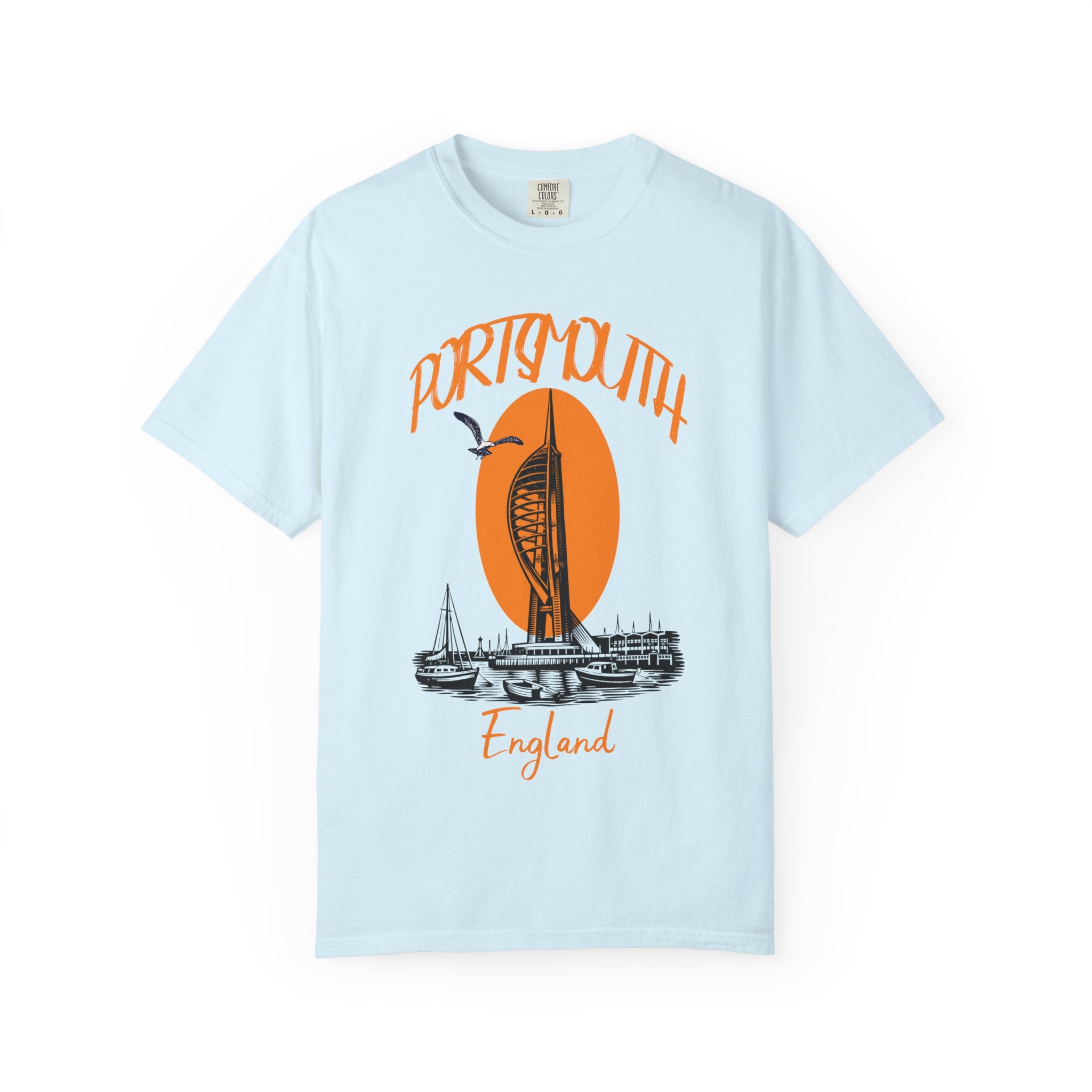 Portsmouth England Graphic T-Shirt - Vintage Seaside Landmark Orange Tee