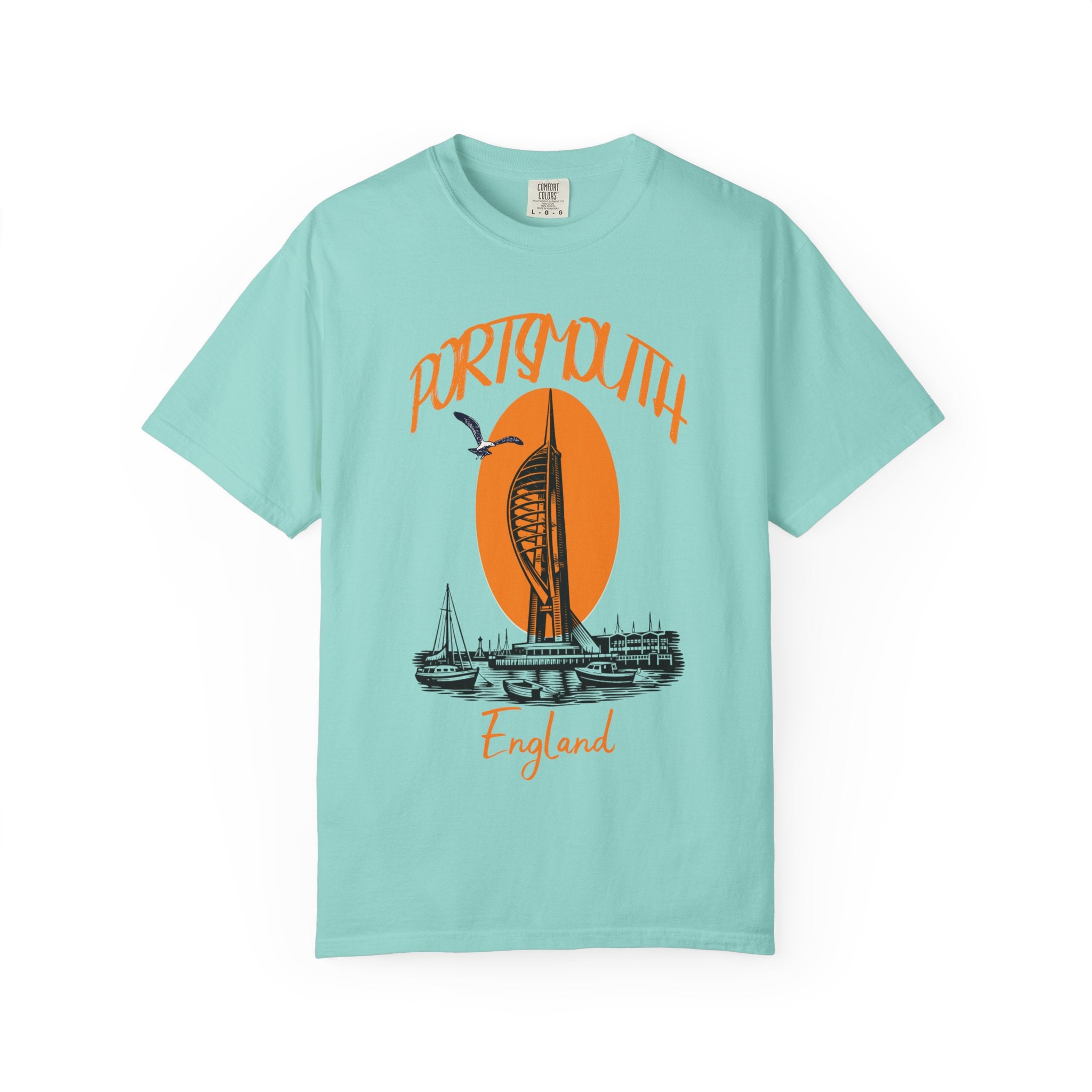 Portsmouth England Graphic T-Shirt - Vintage Seaside Landmark Orange Tee