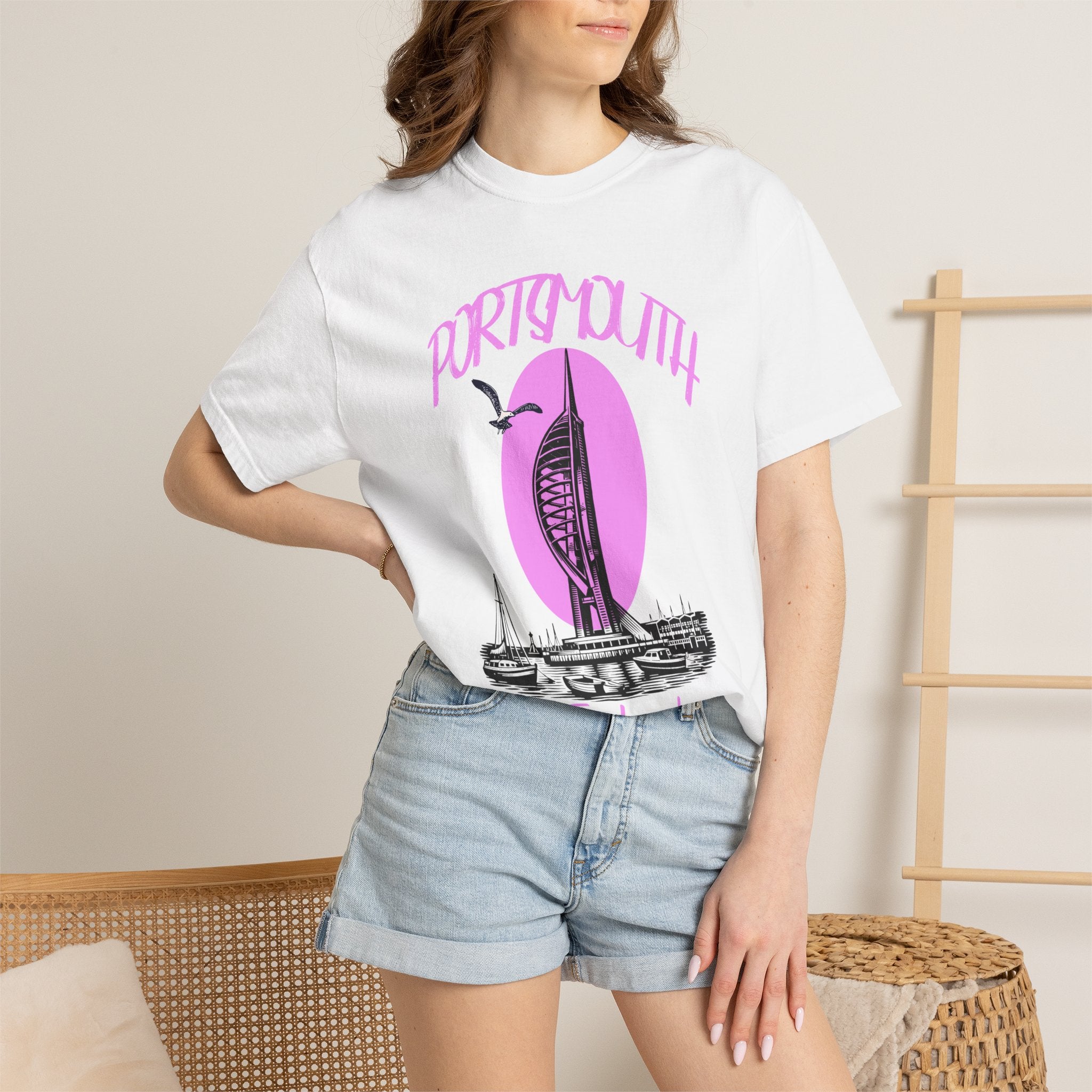 Portsmouth England Graphic T-Shirt - Vintage Seaside Landmark Pink Tee