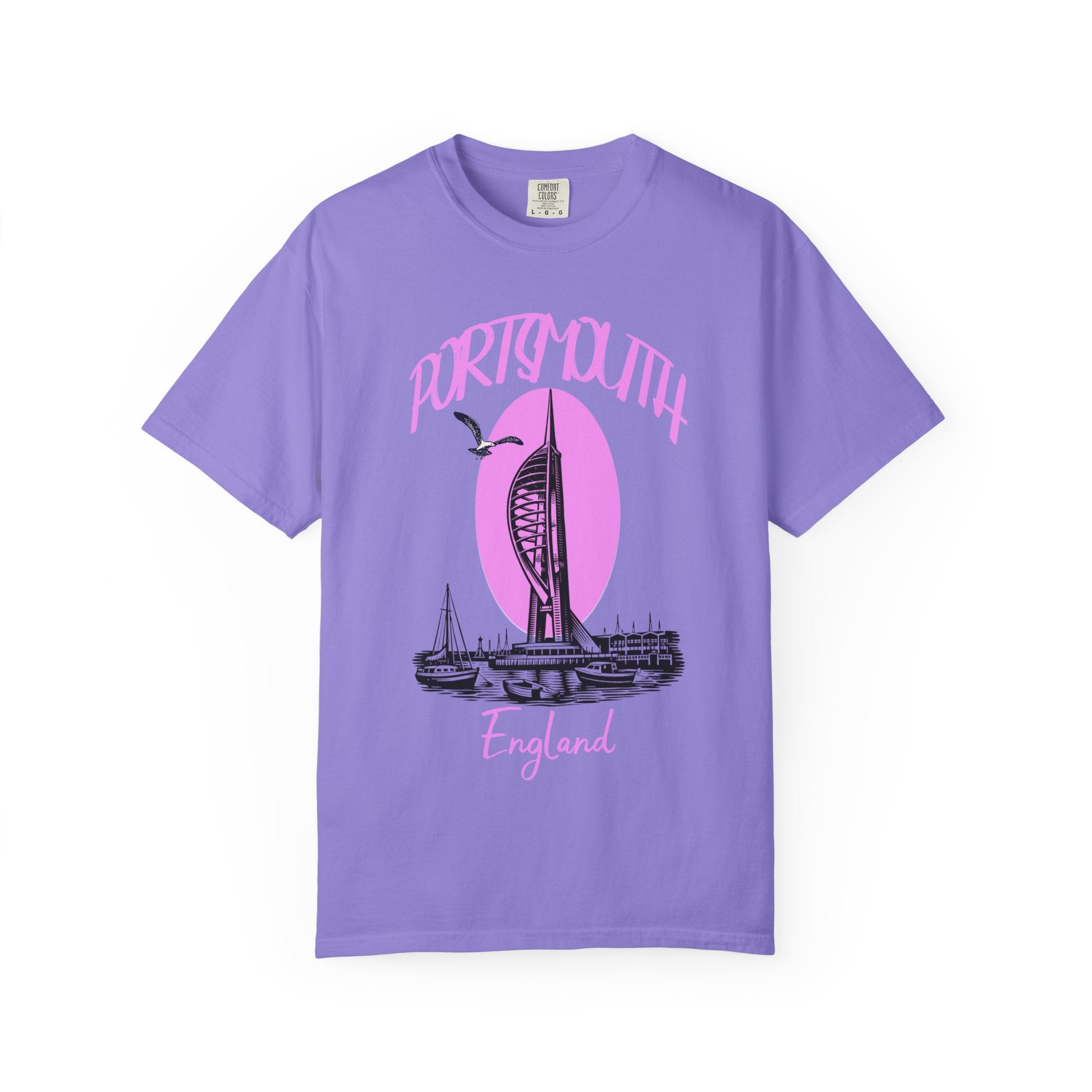Portsmouth England Graphic T-Shirt - Vintage Seaside Landmark Pink Tee
