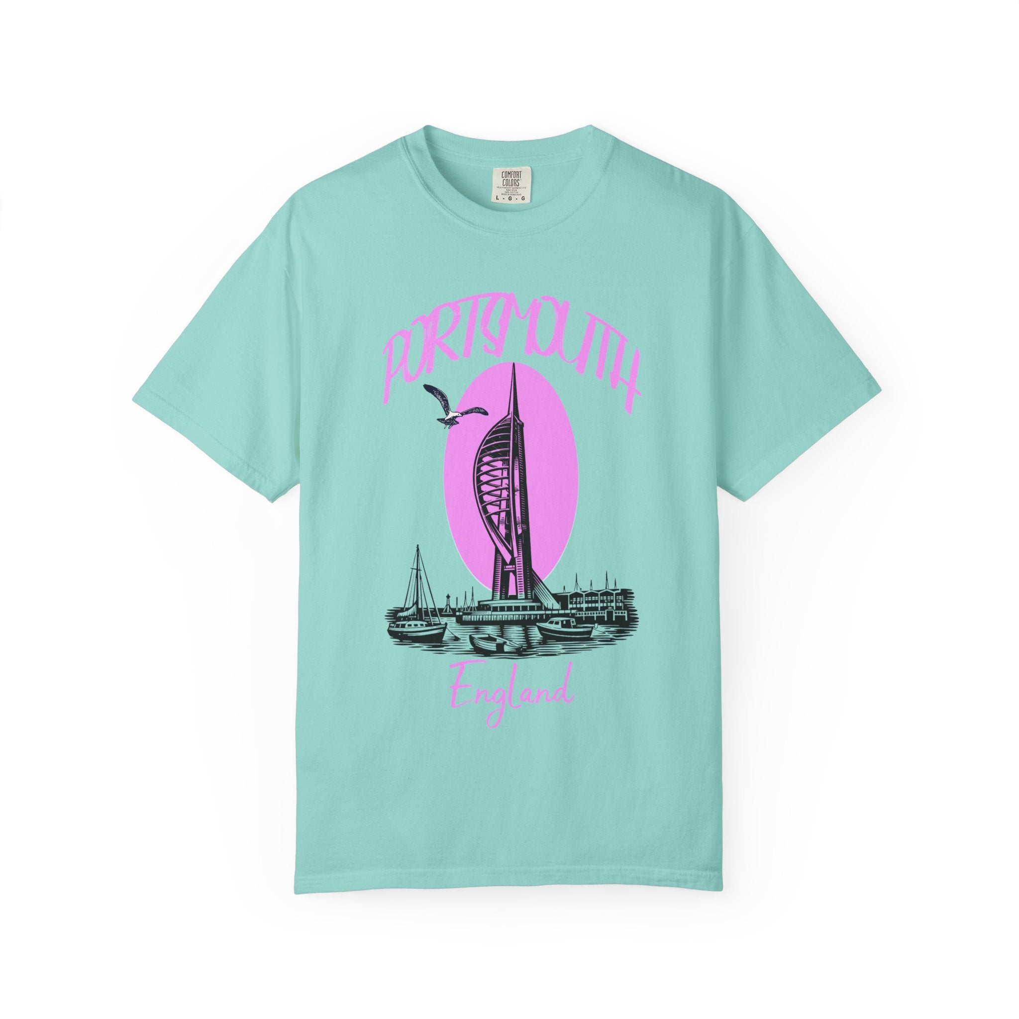 Portsmouth England Graphic T-Shirt - Vintage Seaside Landmark Pink Tee