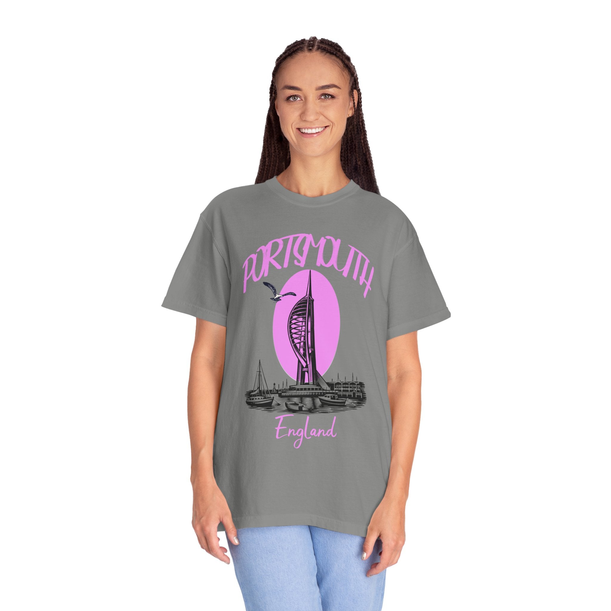Portsmouth England Graphic T-Shirt - Vintage Seaside Landmark Pink Tee
