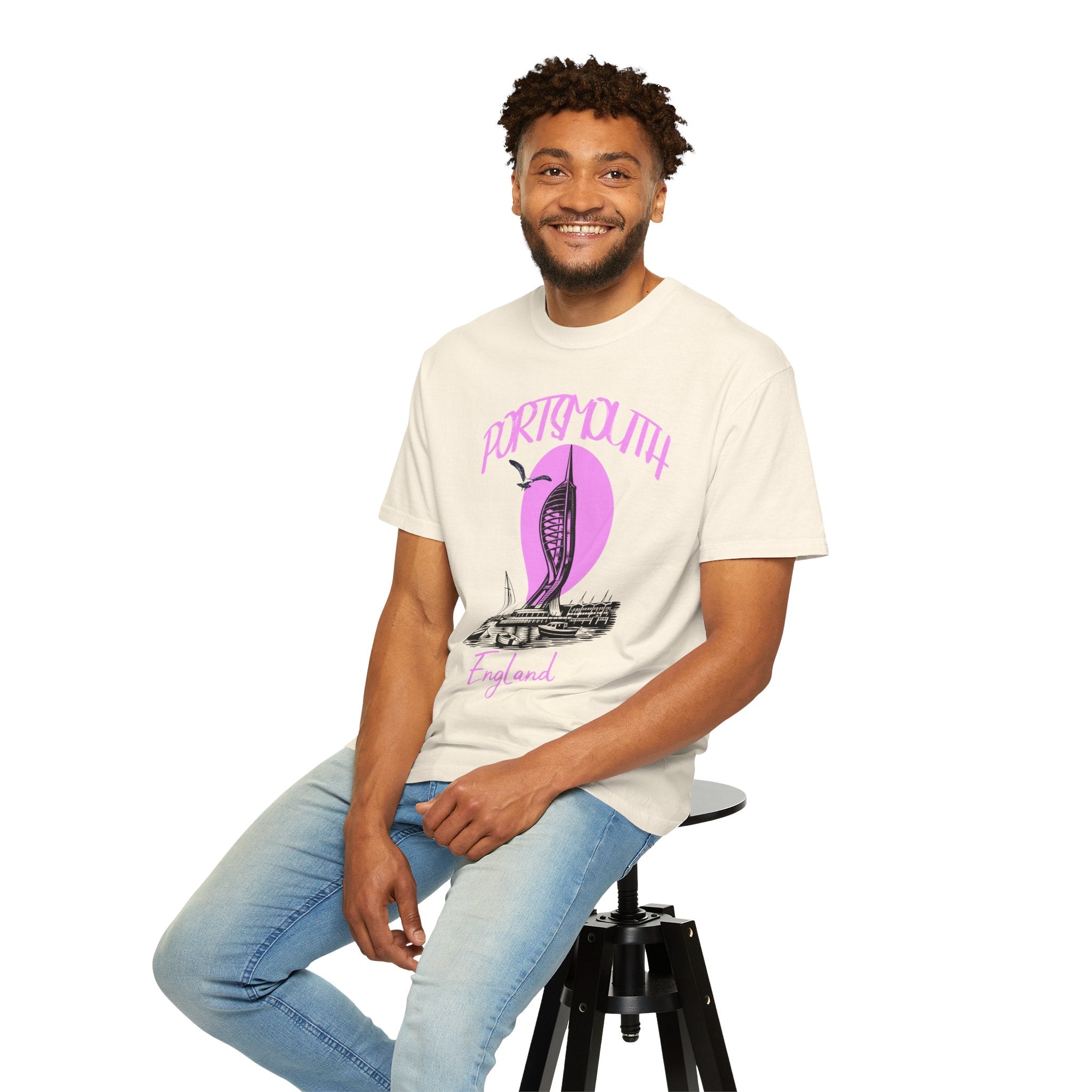 Portsmouth England Graphic T-Shirt - Vintage Seaside Landmark Pink Tee