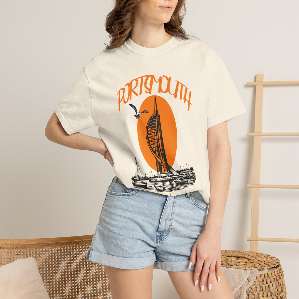 Portsmouth England Graphic T-Shirt - Vintage Seaside Landmark Orange Tee