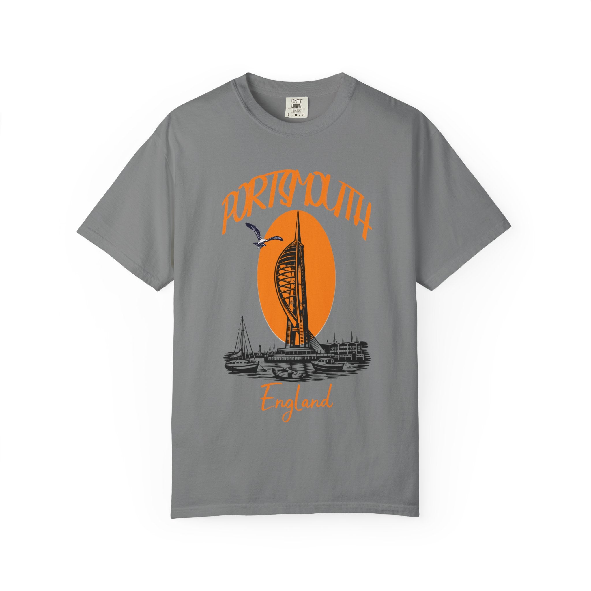 Portsmouth England Graphic T-Shirt - Vintage Seaside Landmark Orange Tee