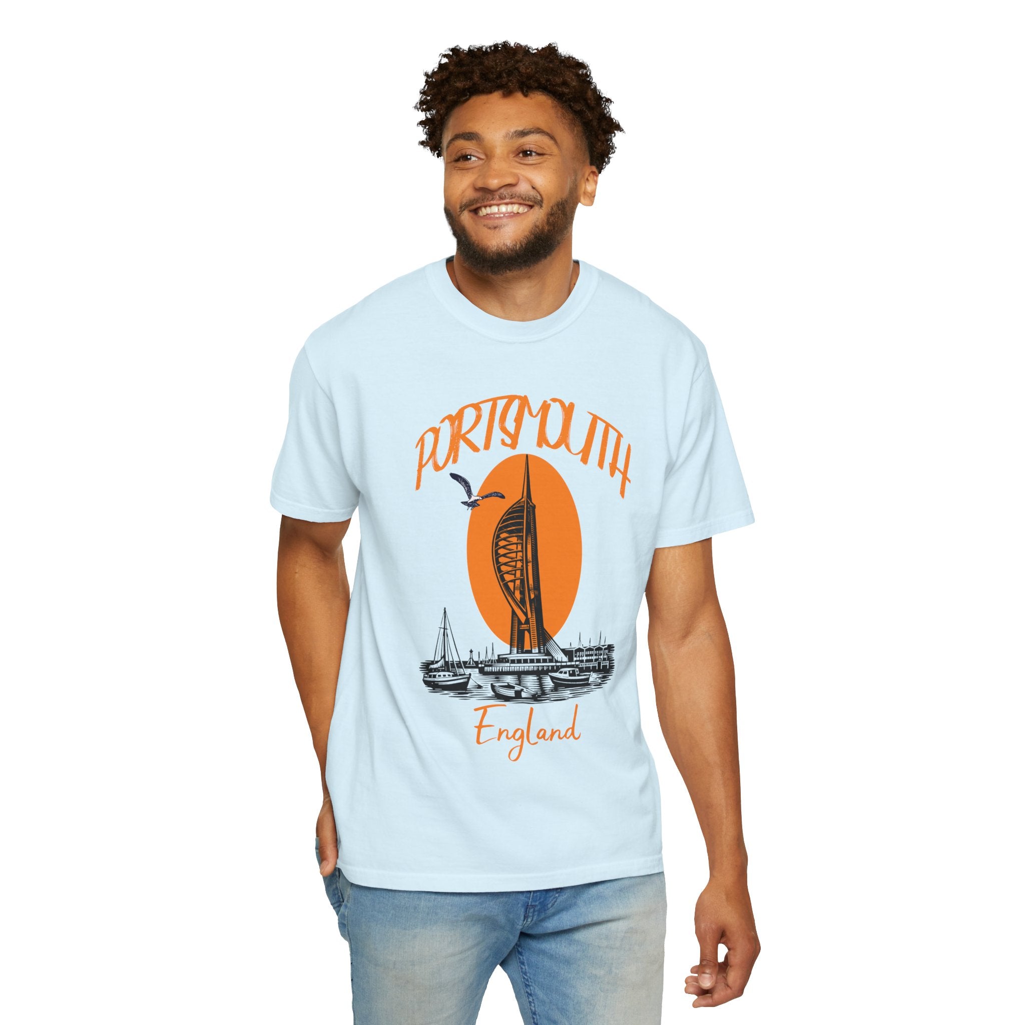 Portsmouth England Graphic T-Shirt - Vintage Seaside Landmark Orange Tee