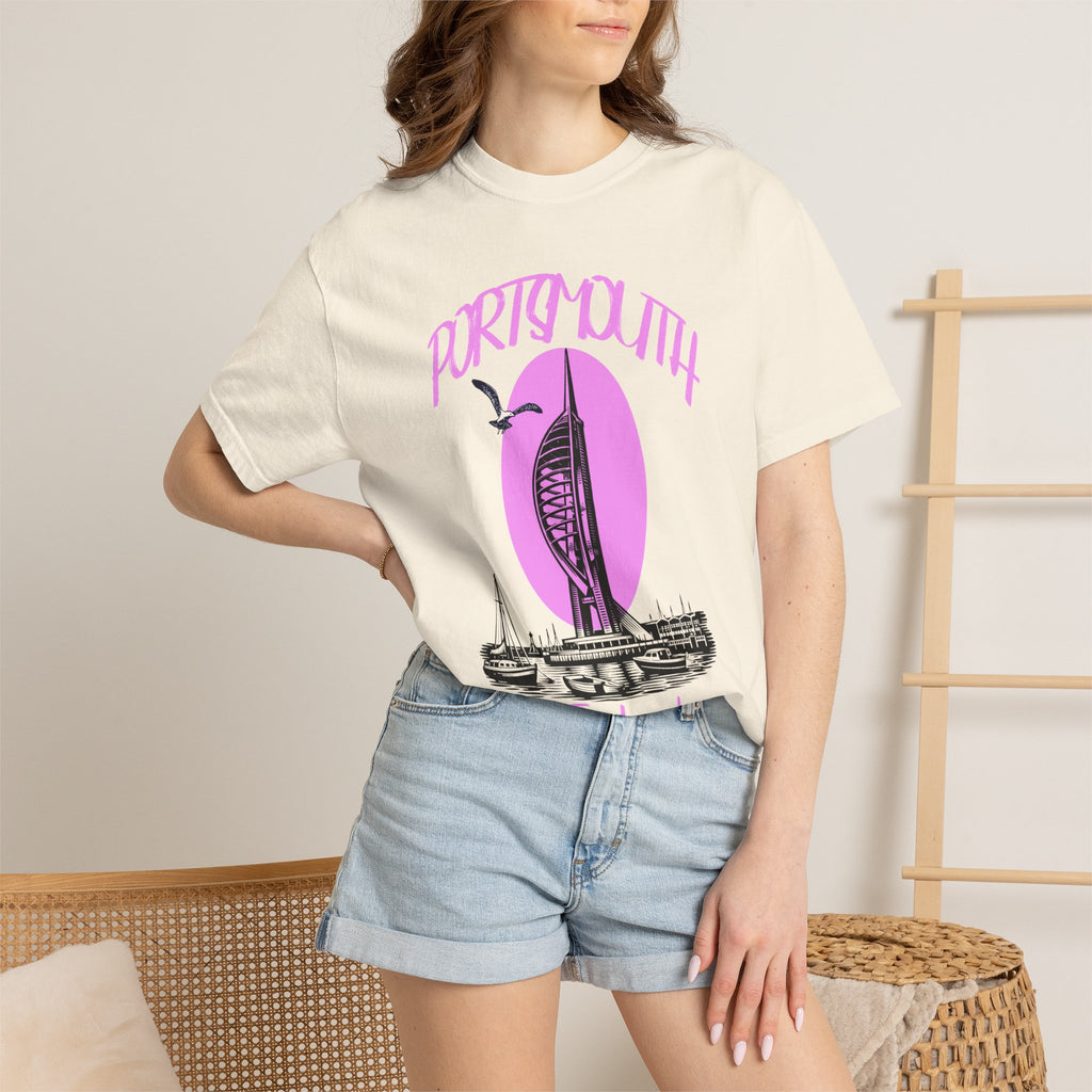 Portsmouth England Graphic T-Shirt - Vintage Seaside Landmark Pink Tee