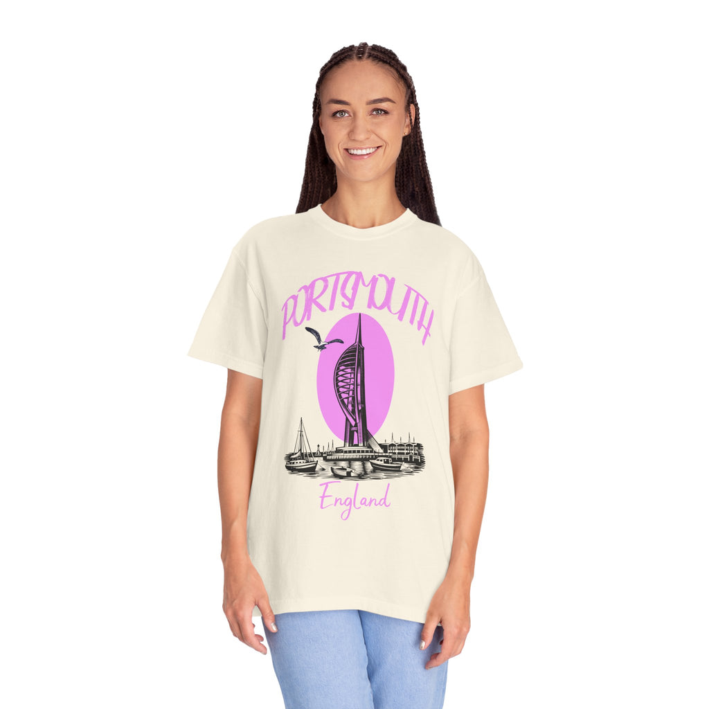 Portsmouth England Graphic T-Shirt - Vintage Seaside Landmark Pink Tee