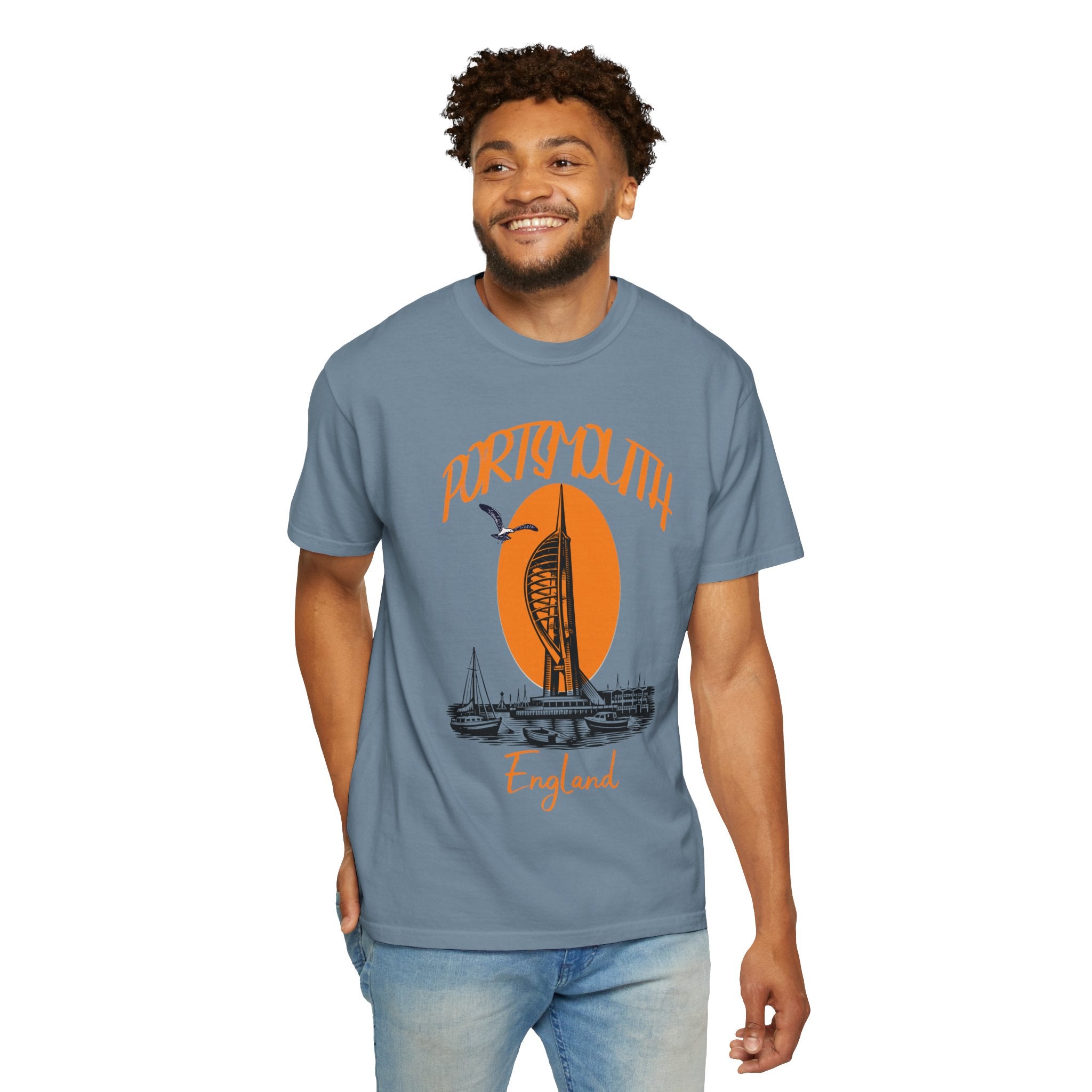 Portsmouth England Graphic T-Shirt - Vintage Seaside Landmark Orange Tee