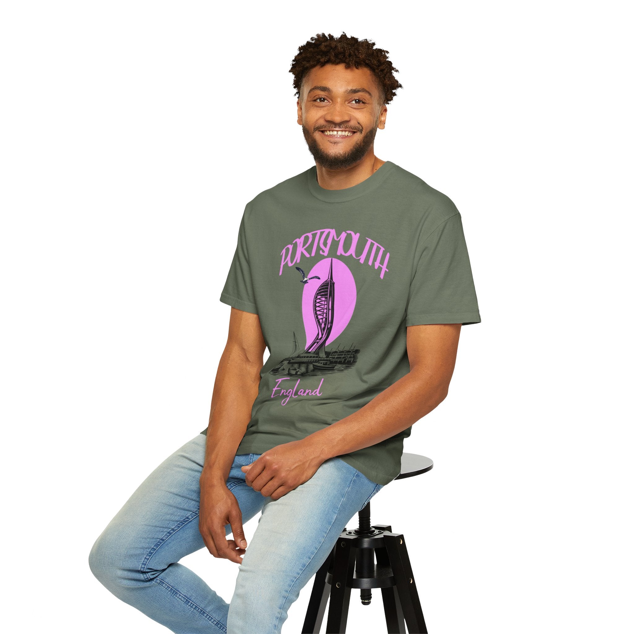 Portsmouth England Graphic T-Shirt - Vintage Seaside Landmark Pink Tee