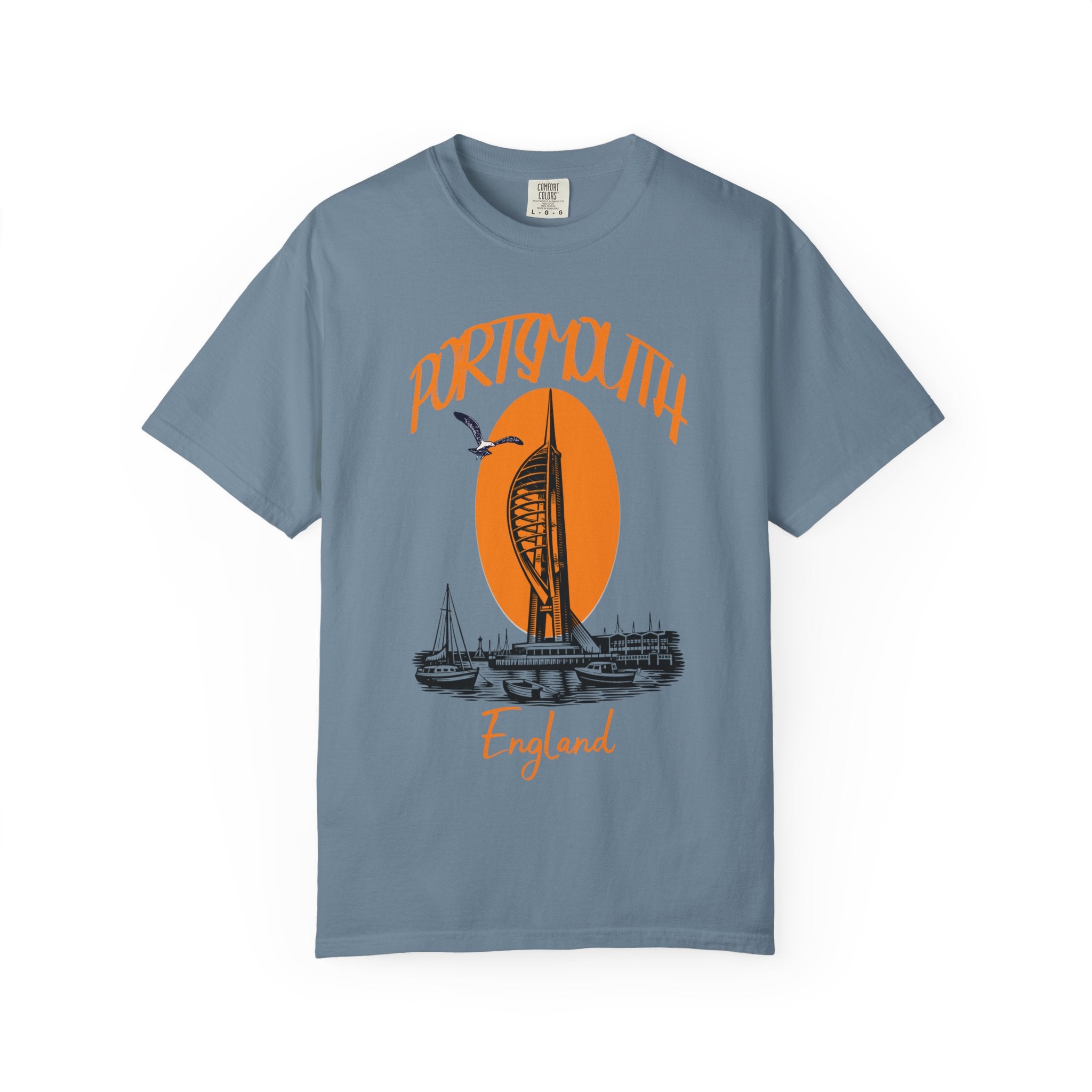 Portsmouth England Graphic T-Shirt - Vintage Seaside Landmark Orange Tee