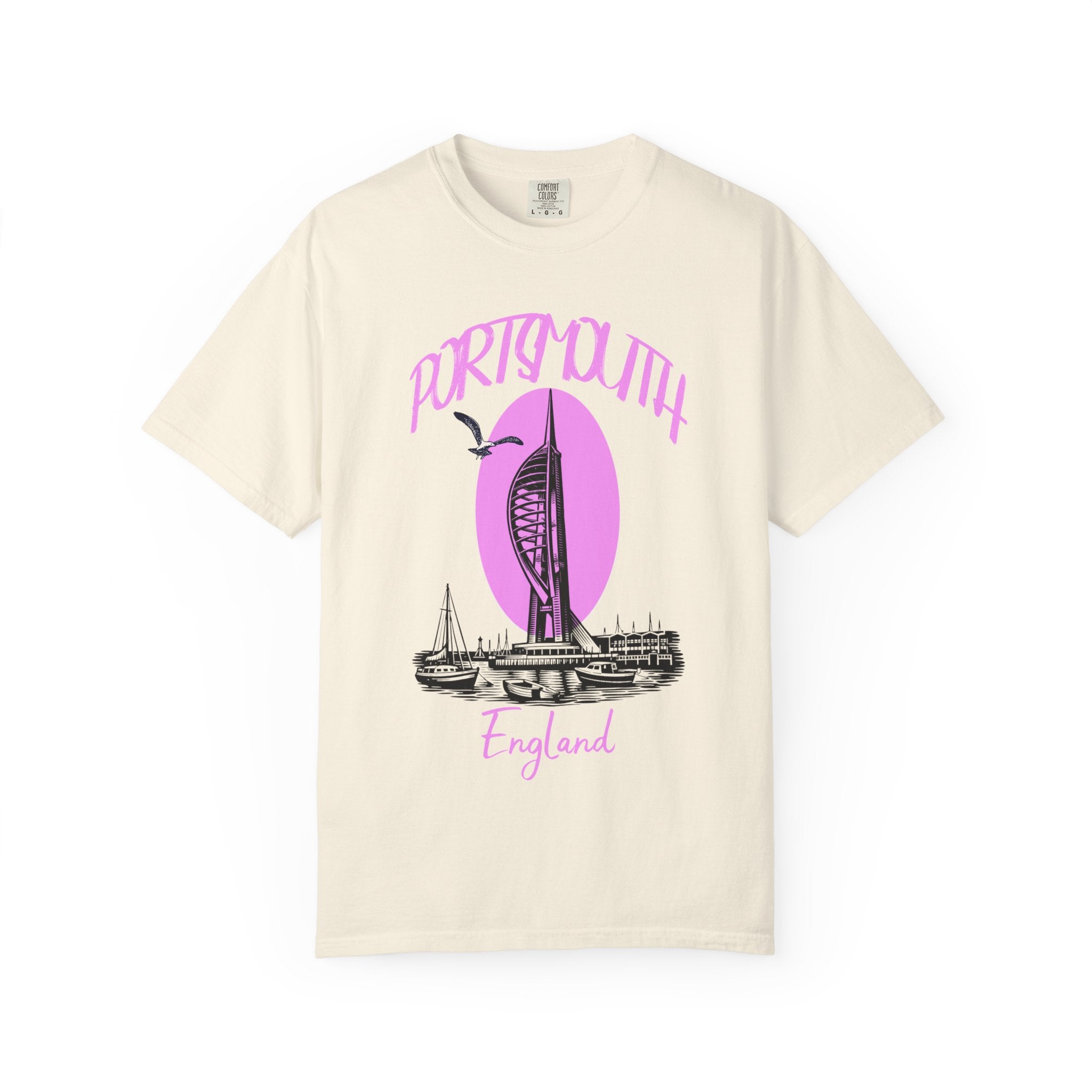 Portsmouth England Graphic T-Shirt - Vintage Seaside Landmark Pink Tee