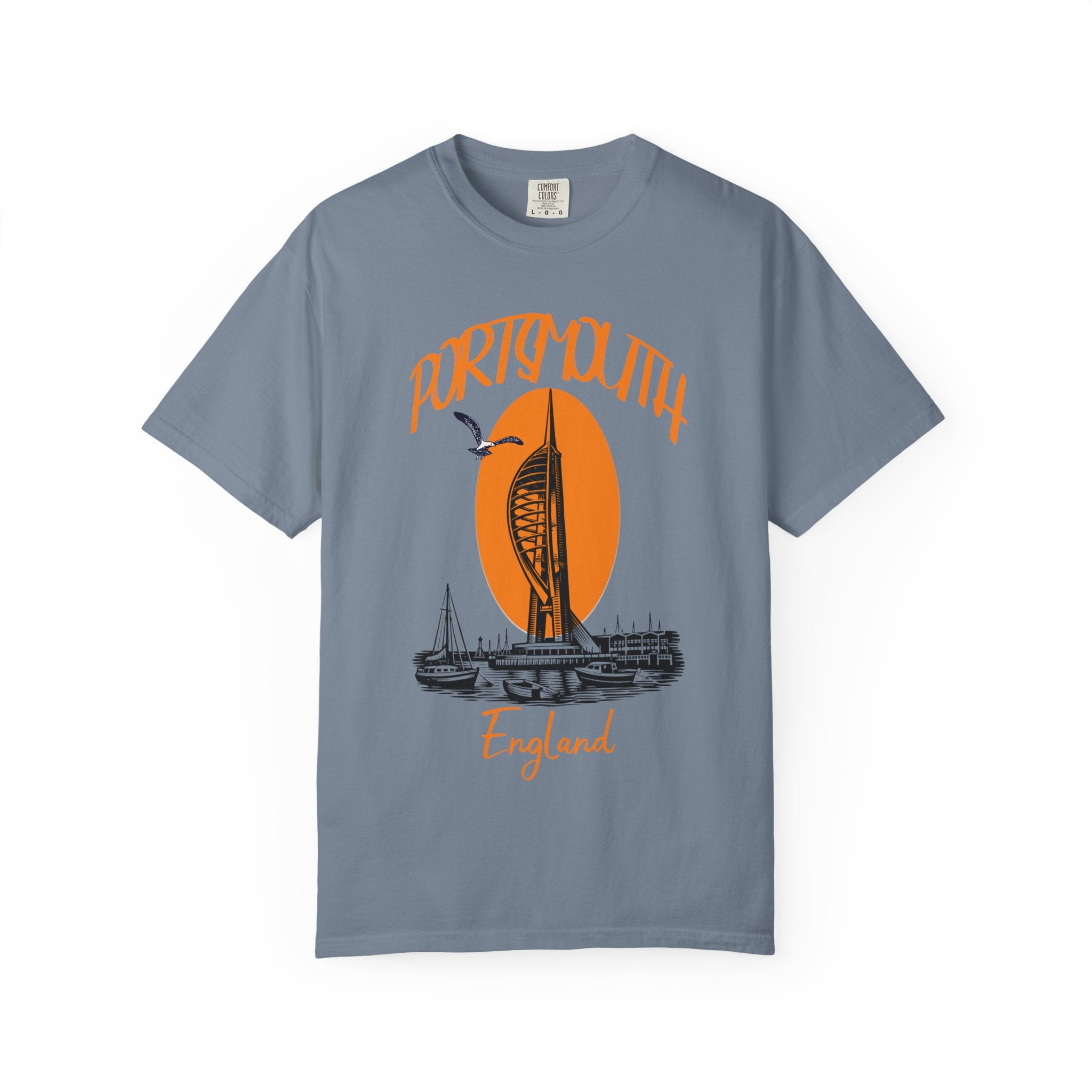 Portsmouth England Graphic T-Shirt - Vintage Seaside Landmark Orange Tee