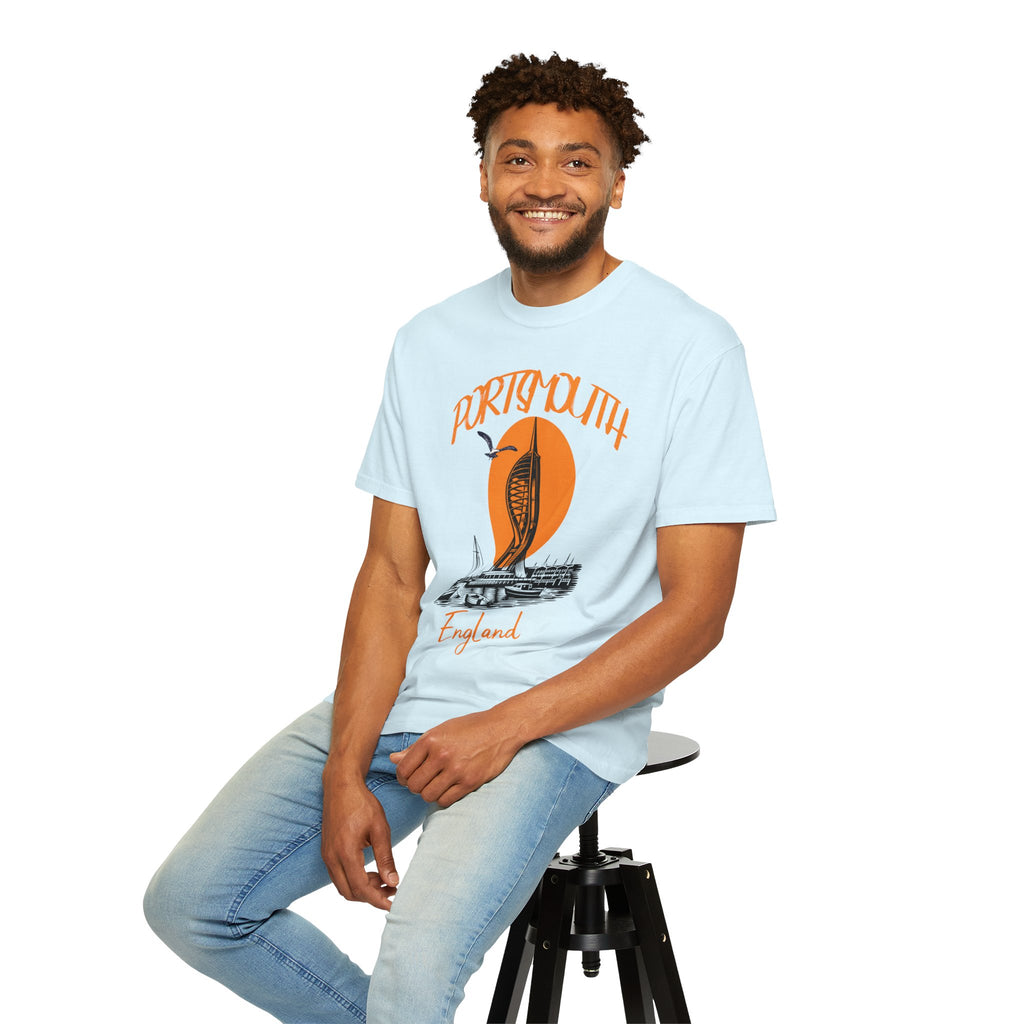 Portsmouth England Graphic T-Shirt - Vintage Seaside Landmark Orange Tee