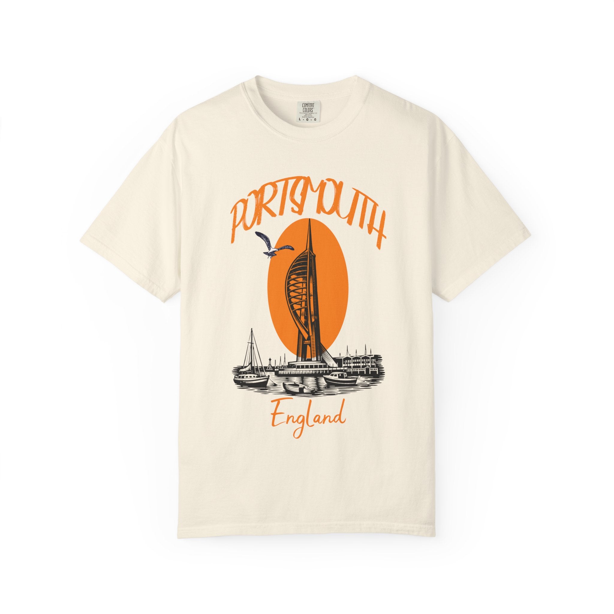 Portsmouth England Graphic T-Shirt - Vintage Seaside Landmark Orange Tee