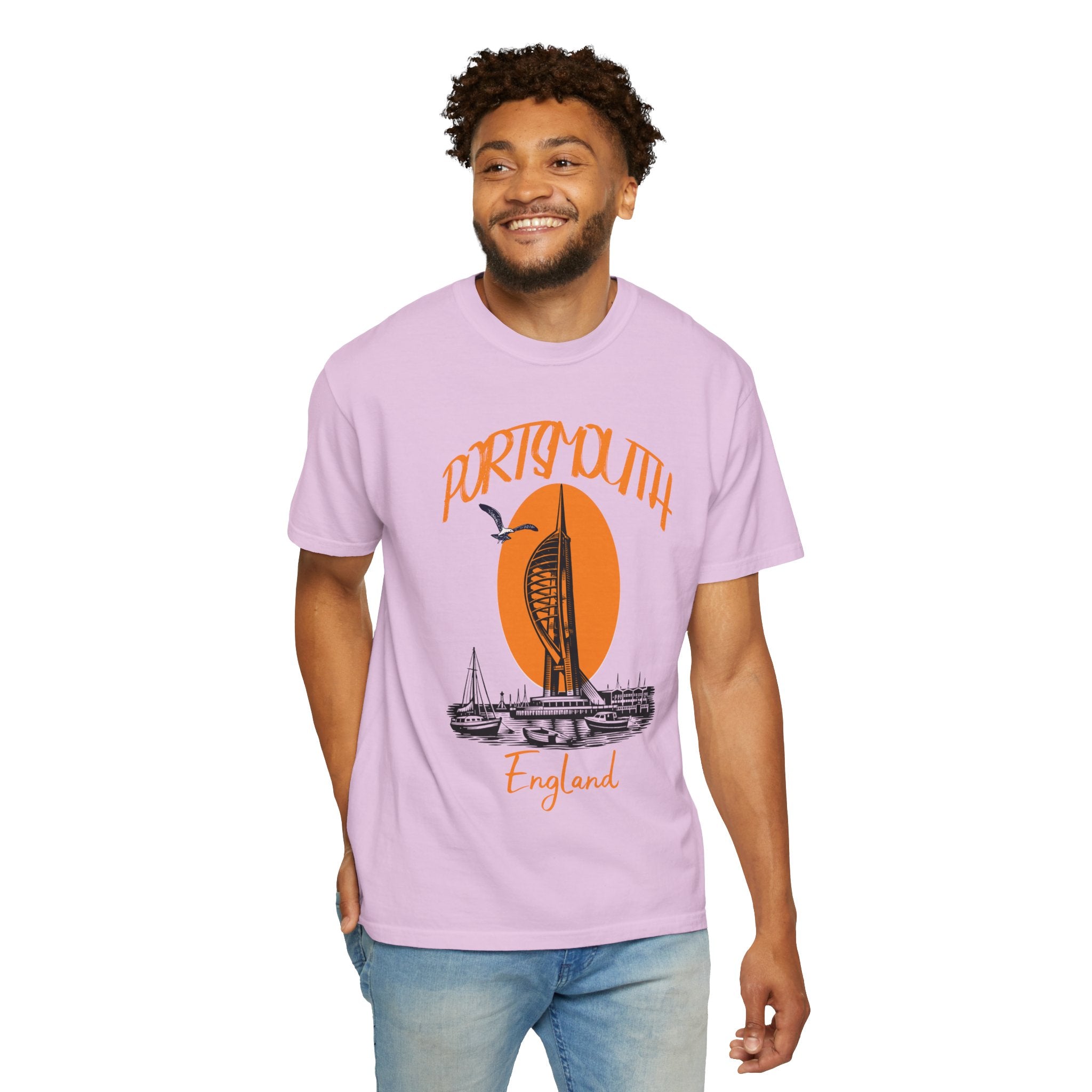 Portsmouth England Graphic T-Shirt - Vintage Seaside Landmark Orange Tee