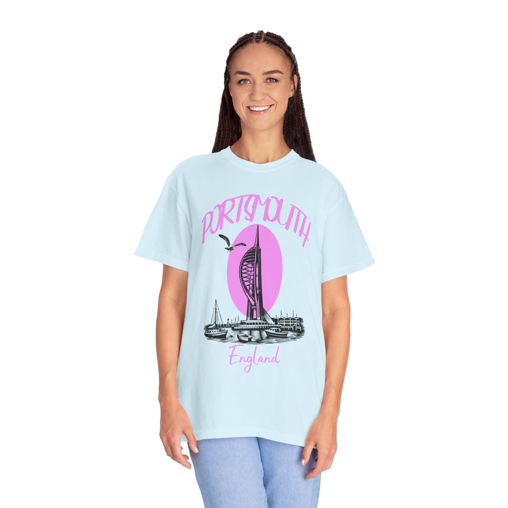 Portsmouth England Graphic T-Shirt - Vintage Seaside Landmark Pink Tee
