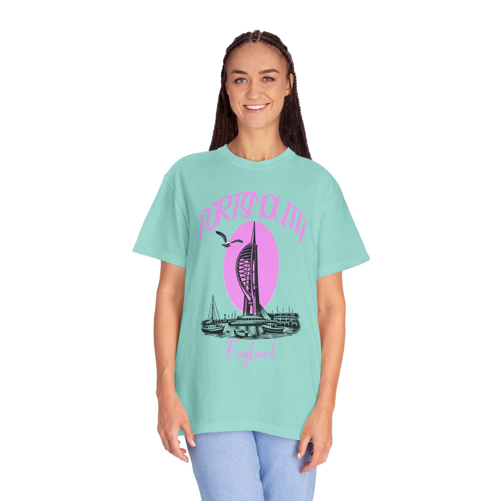 Portsmouth England Graphic T-Shirt - Vintage Seaside Landmark Pink Tee