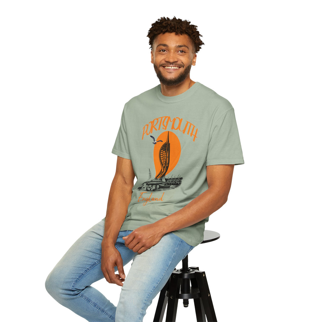 Portsmouth England Graphic T-Shirt - Vintage Seaside Landmark Orange Tee