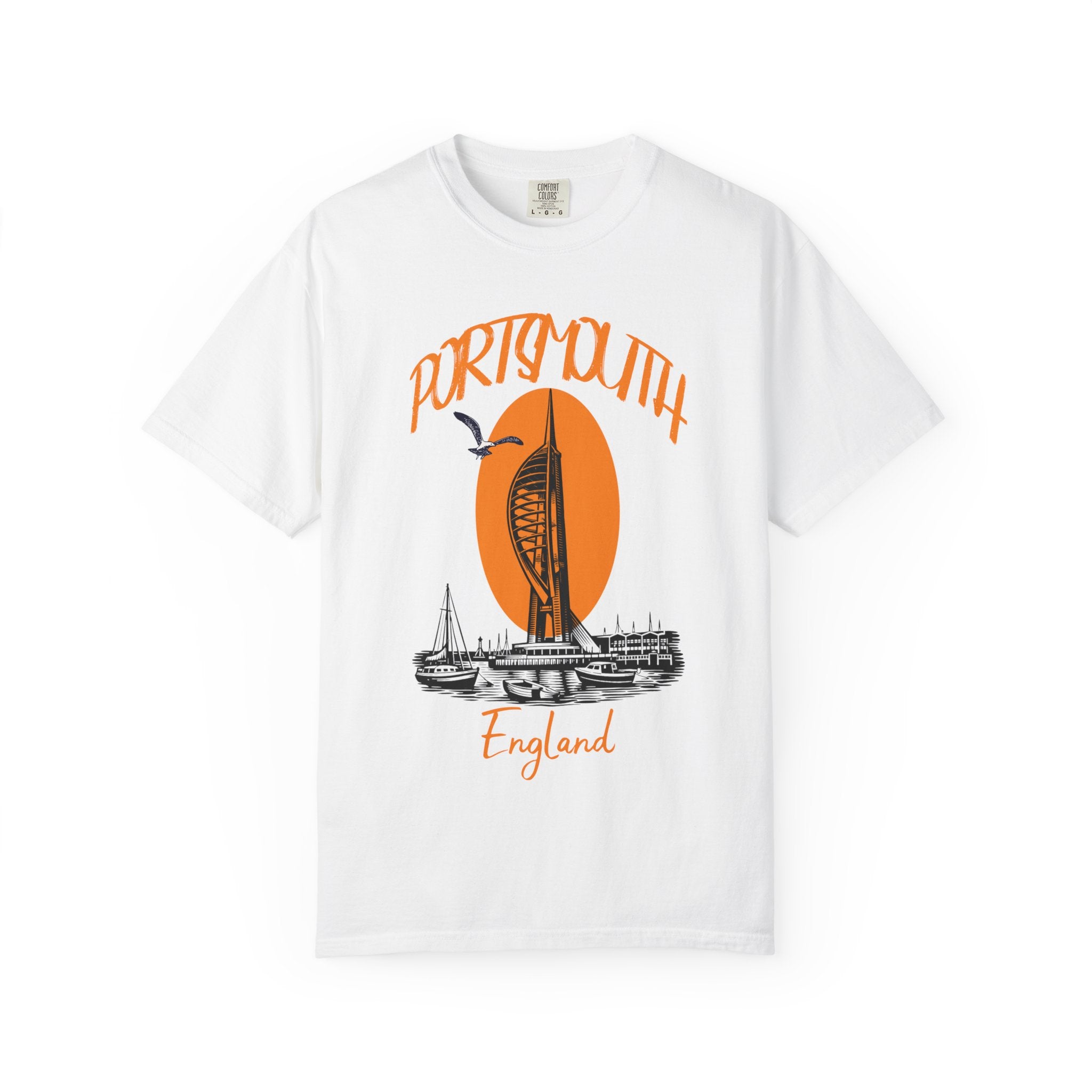 Portsmouth England Graphic T-Shirt - Vintage Seaside Landmark Orange Tee