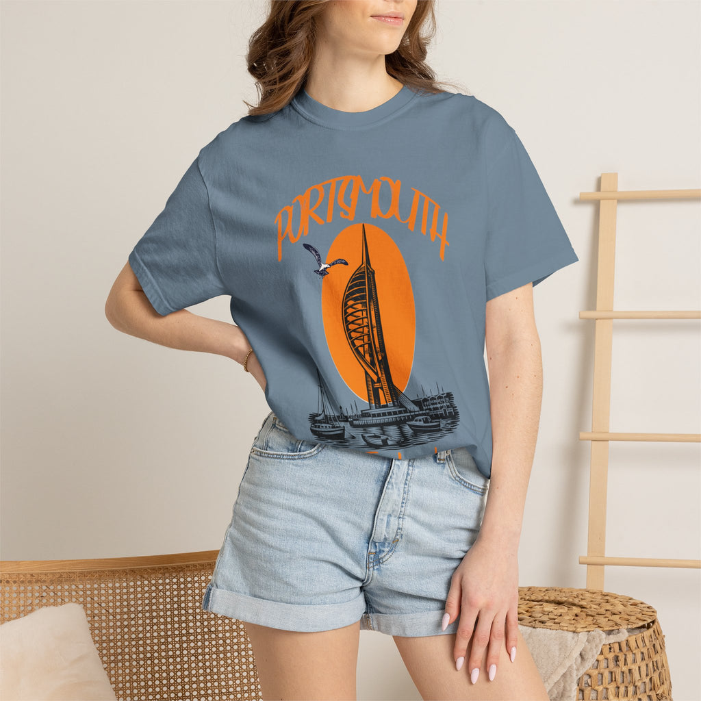 Portsmouth England Graphic T-Shirt - Vintage Seaside Landmark Orange Tee