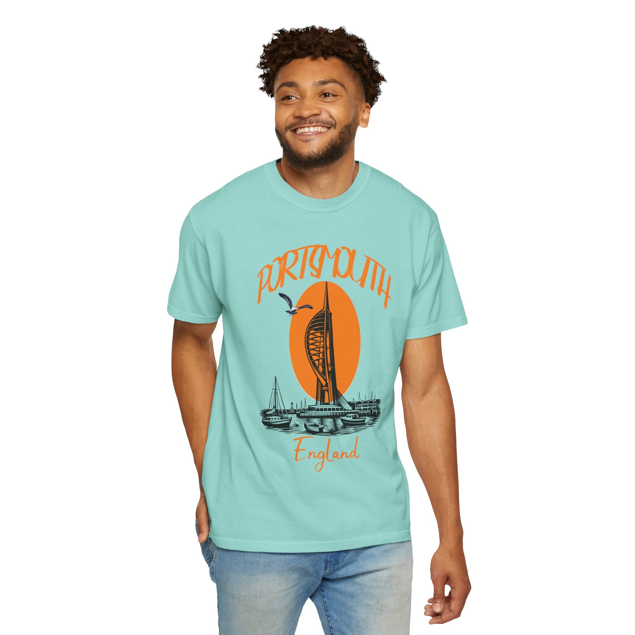 Portsmouth England Graphic T-Shirt - Vintage Seaside Landmark Orange Tee