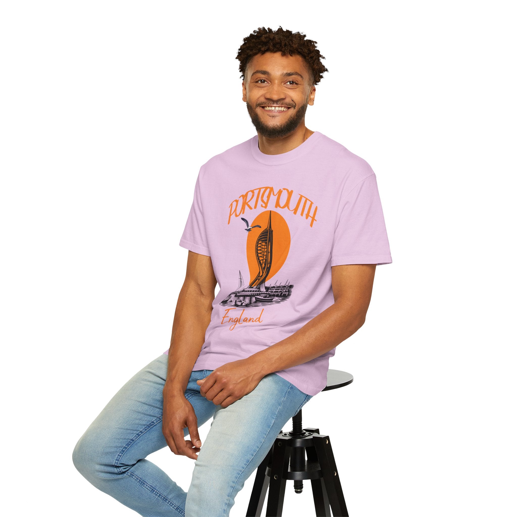 Portsmouth England Graphic T-Shirt - Vintage Seaside Landmark Orange Tee