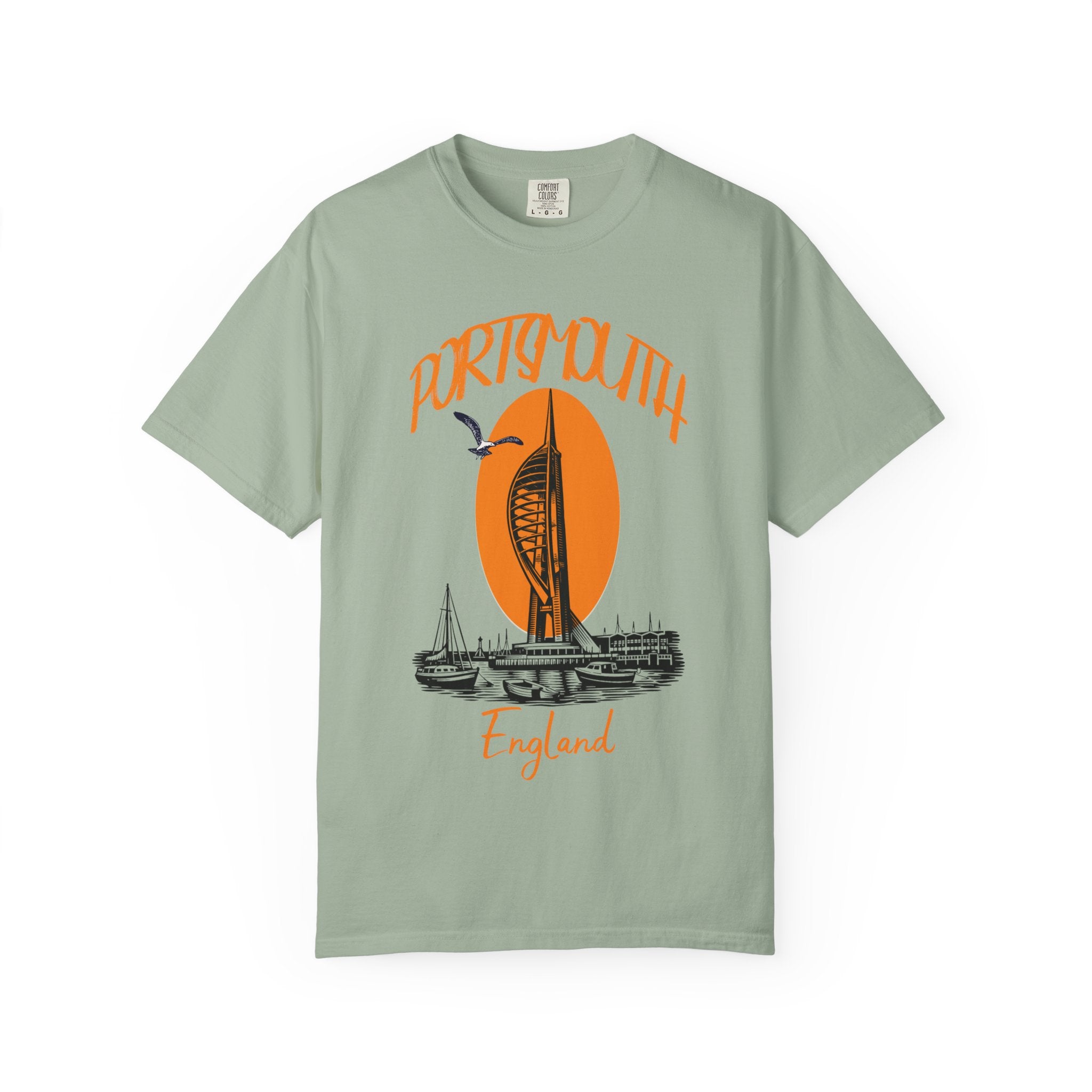 Portsmouth England Graphic T-Shirt - Vintage Seaside Landmark Orange Tee