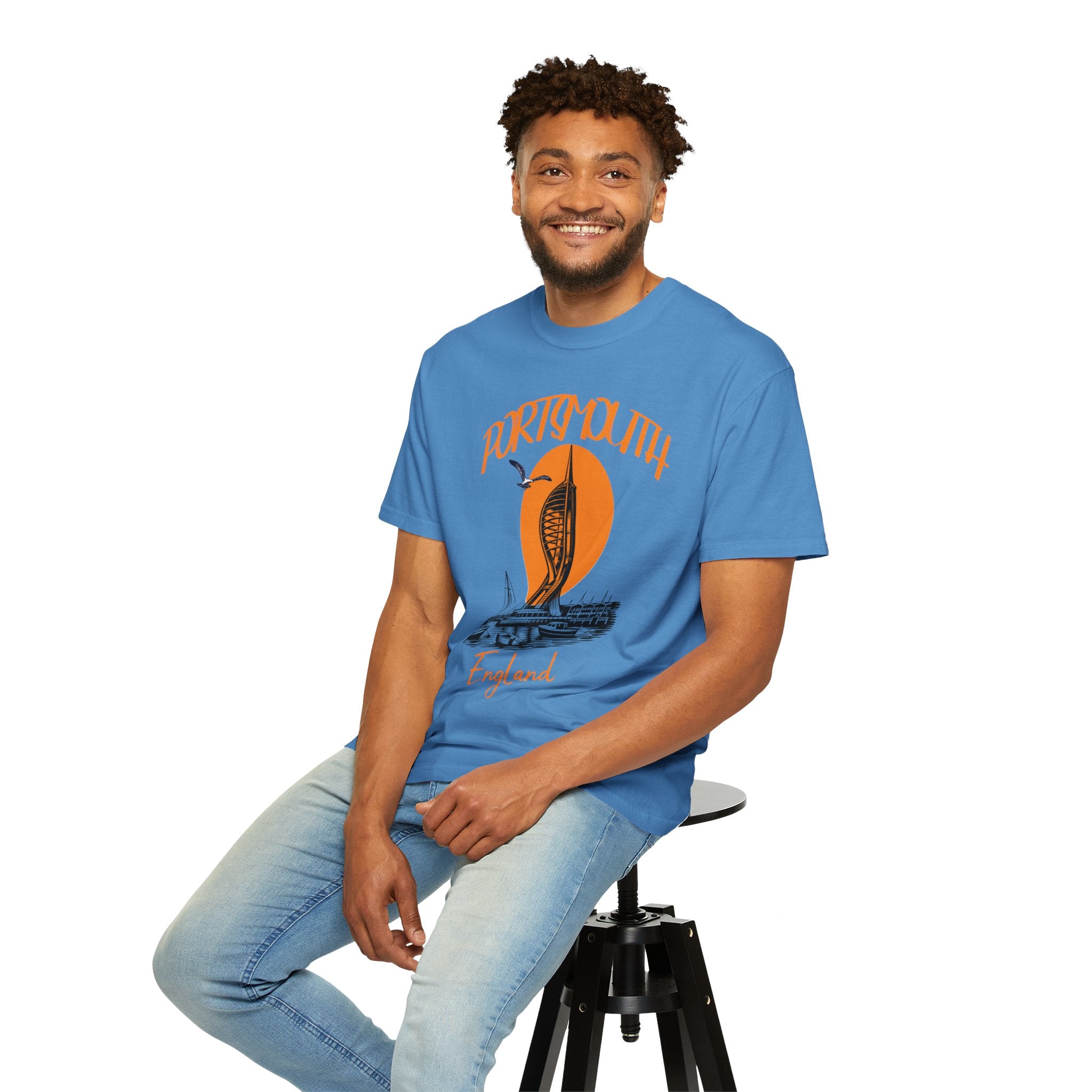 Portsmouth England Graphic T-Shirt - Vintage Seaside Landmark Orange Tee