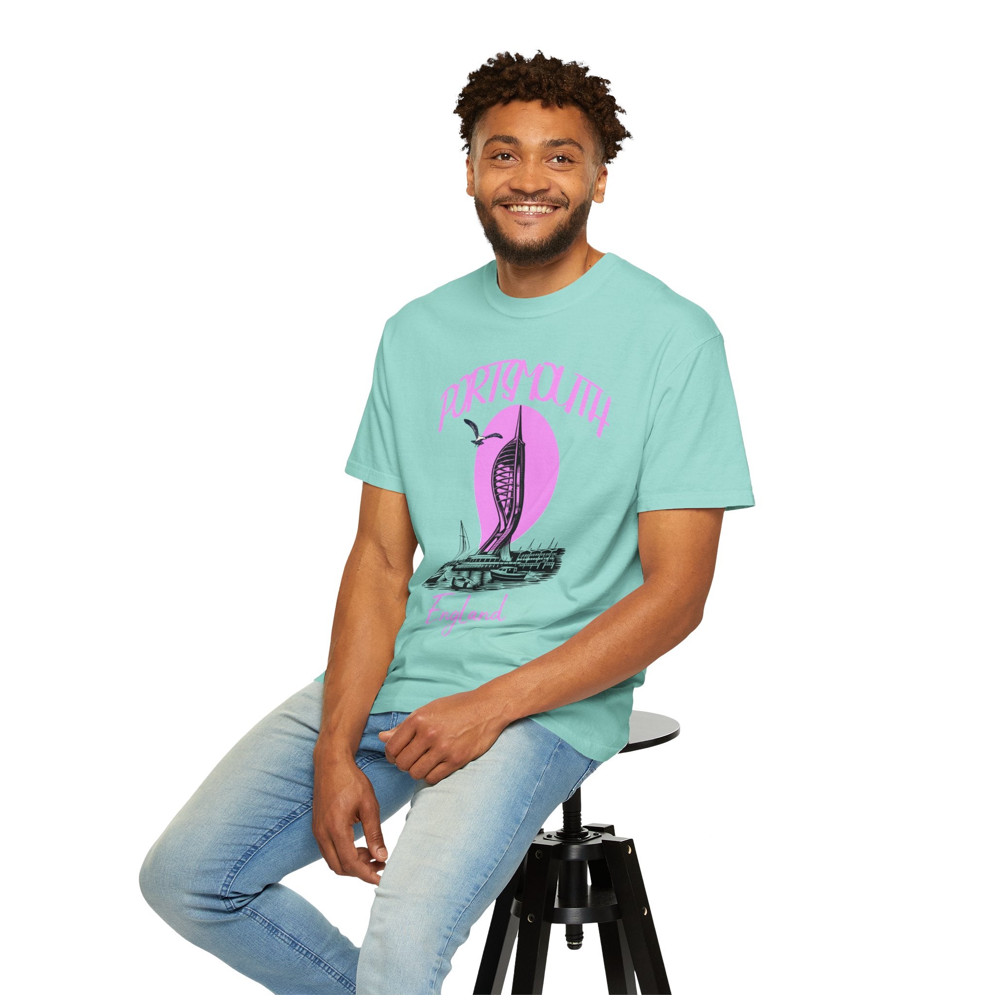 Portsmouth England Graphic T-Shirt - Vintage Seaside Landmark Pink Tee