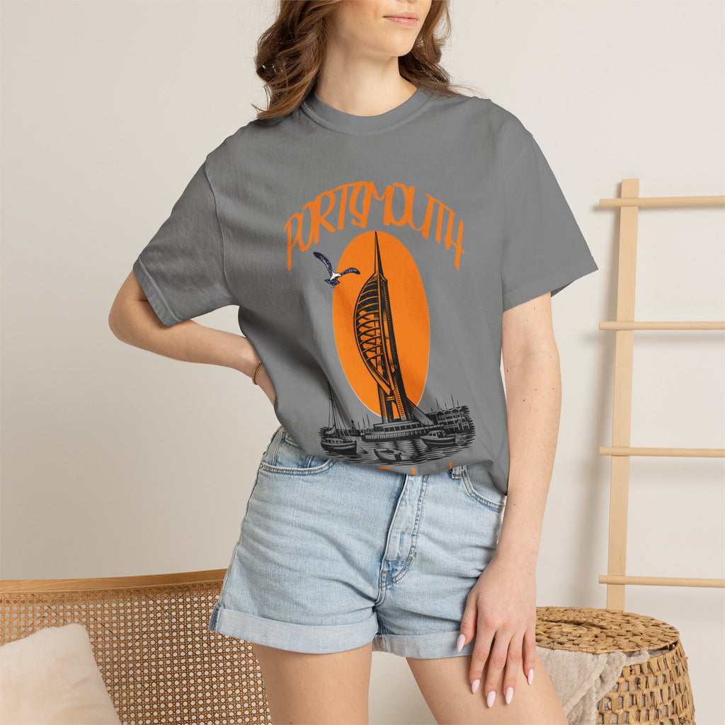 Portsmouth England Graphic T-Shirt - Vintage Seaside Landmark Orange Tee