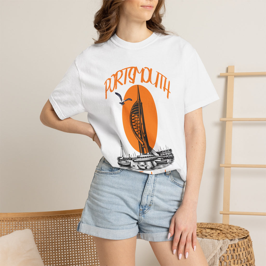 Portsmouth England Graphic T-Shirt - Vintage Seaside Landmark Orange Tee