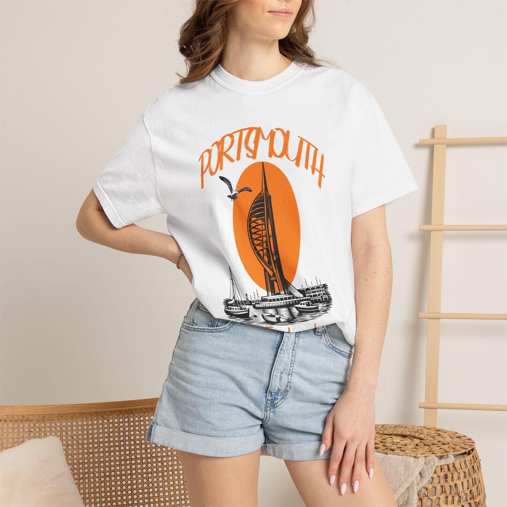 Portsmouth England Graphic T-Shirt - Vintage Seaside Landmark Orange Tee