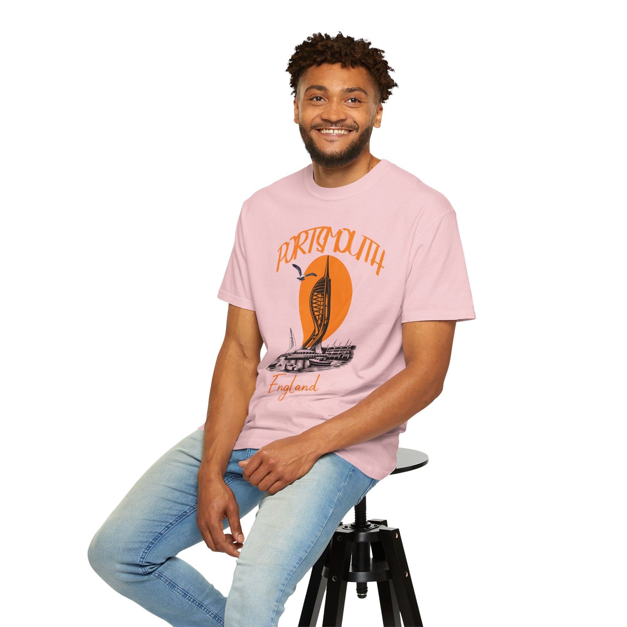 Portsmouth England Graphic T-Shirt - Vintage Seaside Landmark Orange Tee