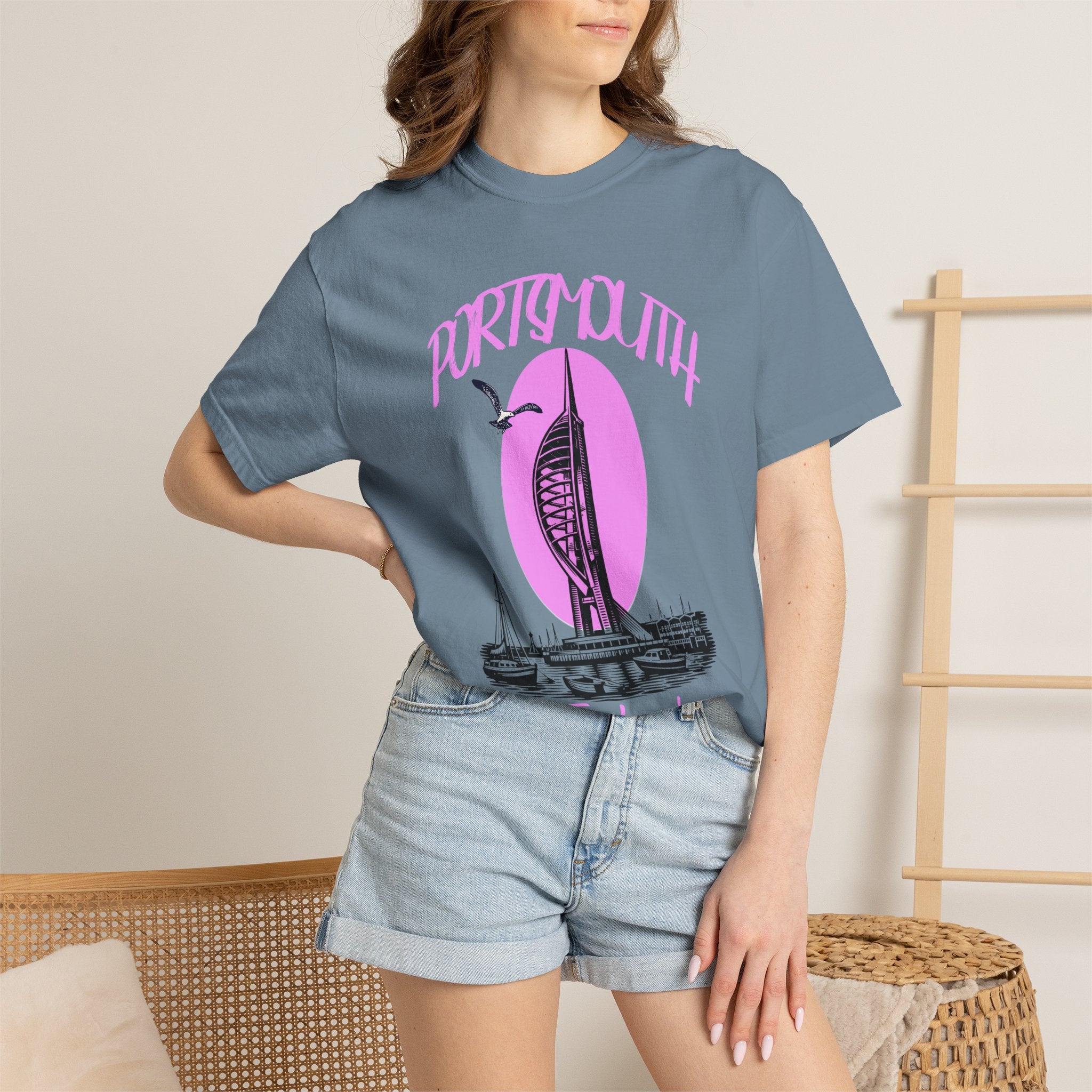 Portsmouth England Graphic T-Shirt - Vintage Seaside Landmark Pink Tee