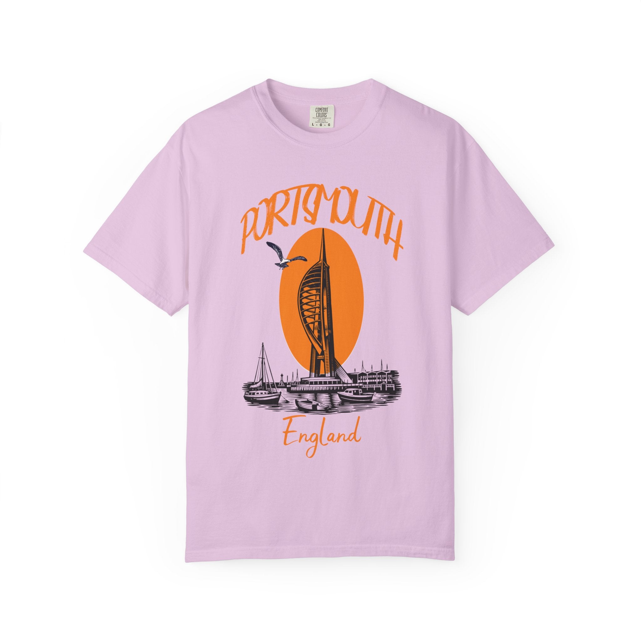 Portsmouth England Graphic T-Shirt - Vintage Seaside Landmark Orange Tee